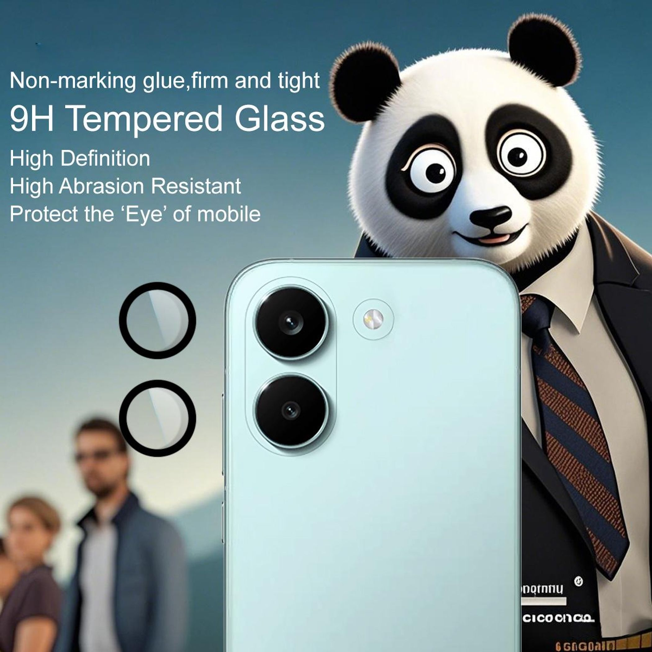 Ein Panda im Anzug neben einem Smartphone mit zwei Kameras und Schutzgläsern.