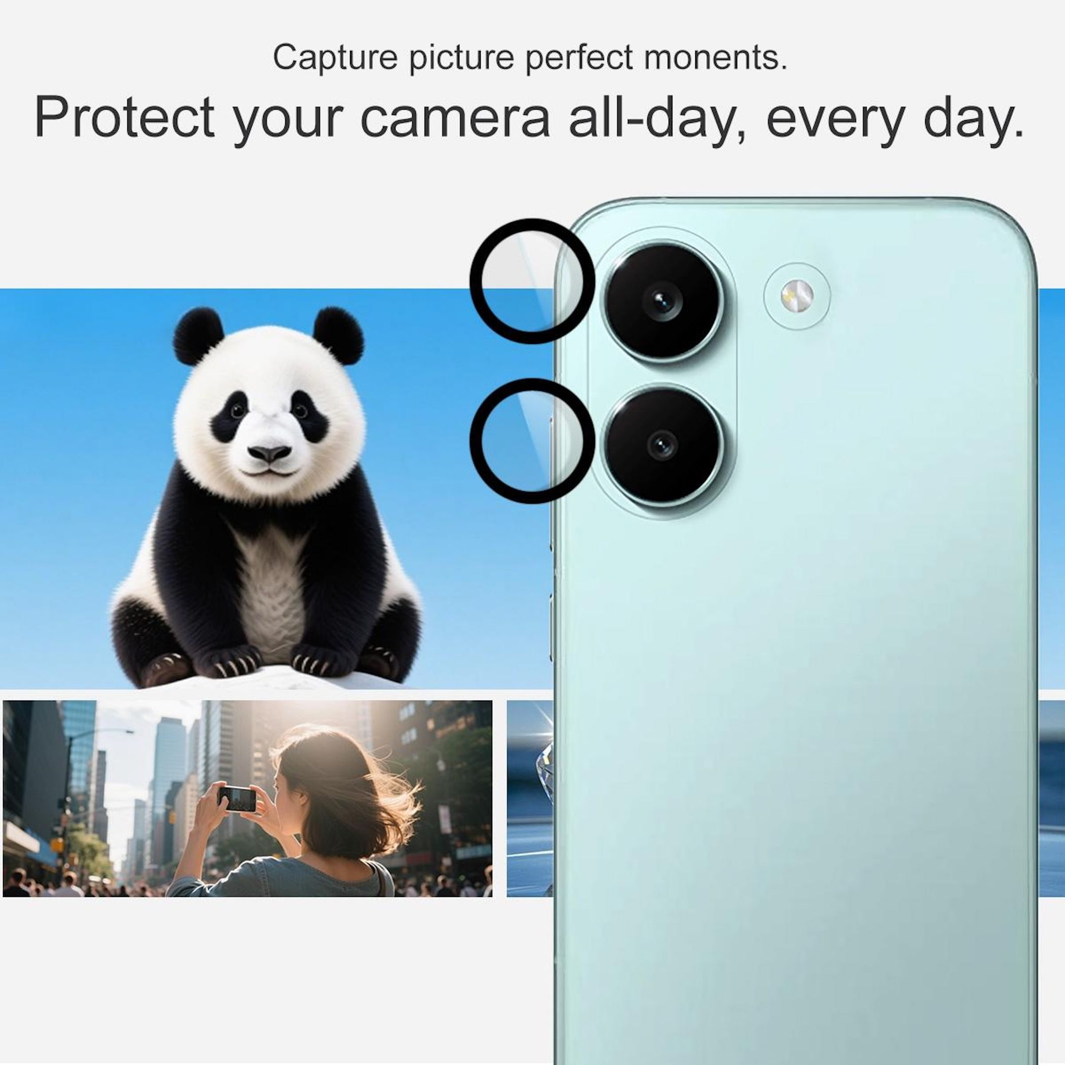 Ein Panda sitzt, eine Frau macht ein Foto, ein Handy. Hellblau.