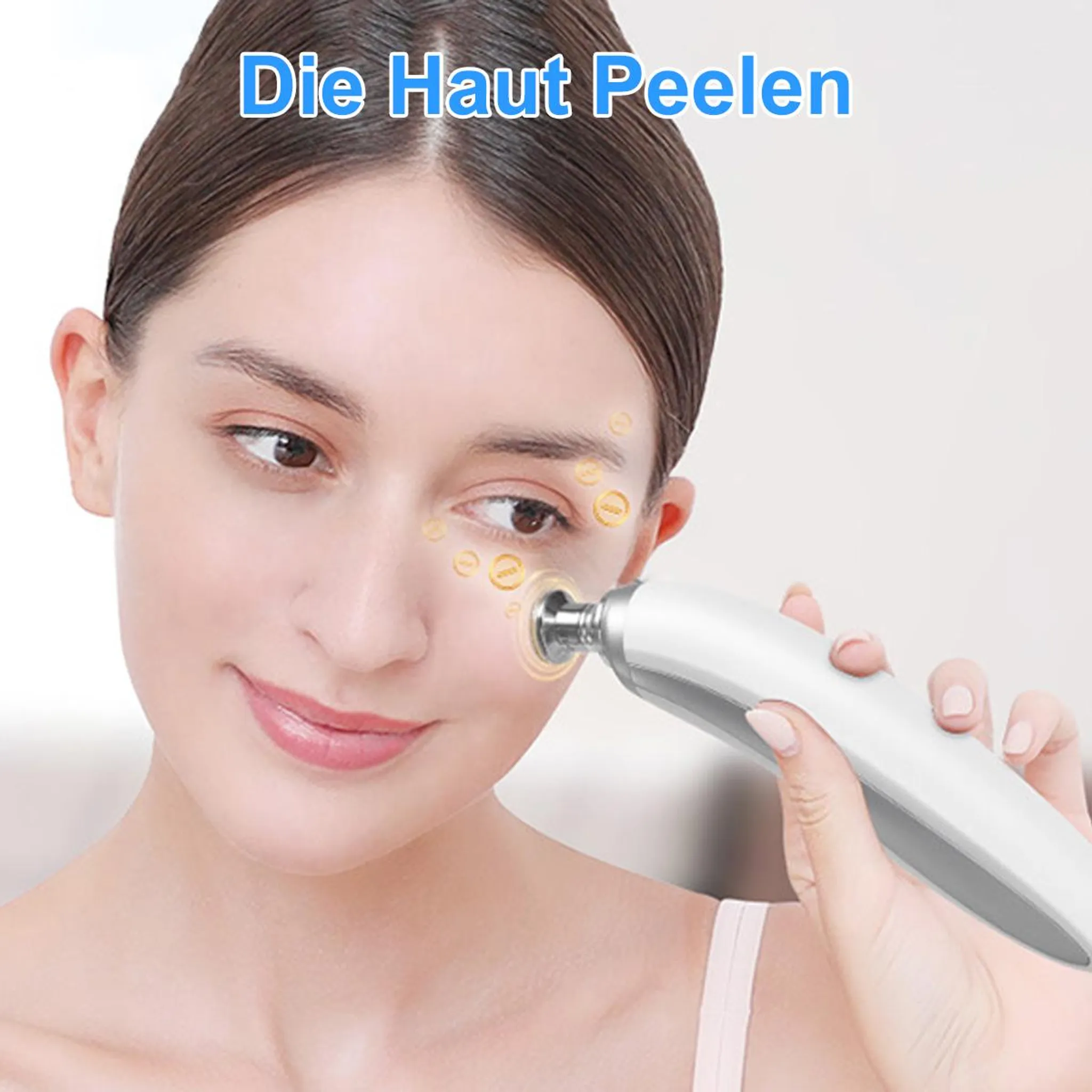 Frau mit einem Hautpflegegerät im Gesicht, das kleine Bläschen erzeugt.