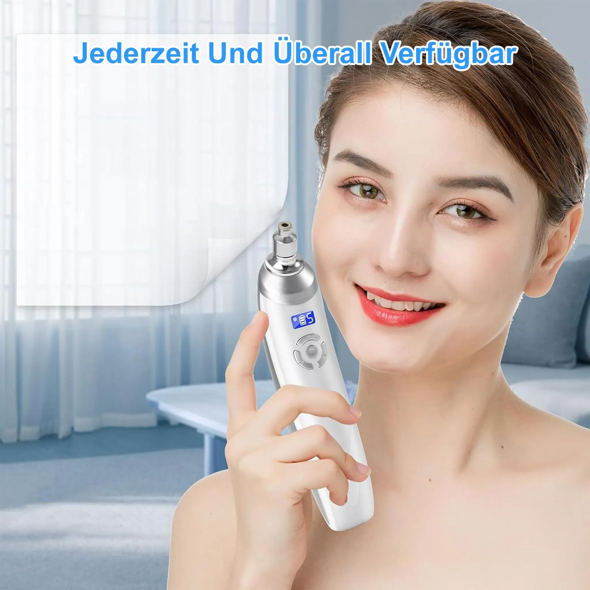 Frau hält ein weißes Hautpflegegerät mit blauem Bildschirm.
