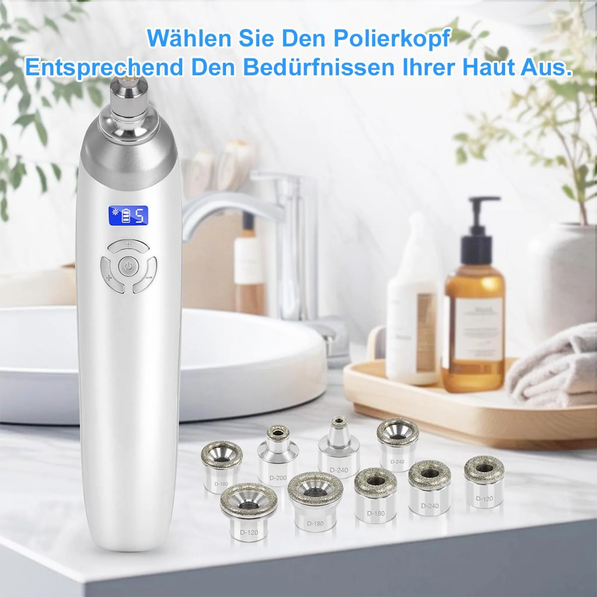 Ein weißes Hautpflegegerät mit abnehmbaren Diamantspitzen und einem digitalen Display.
