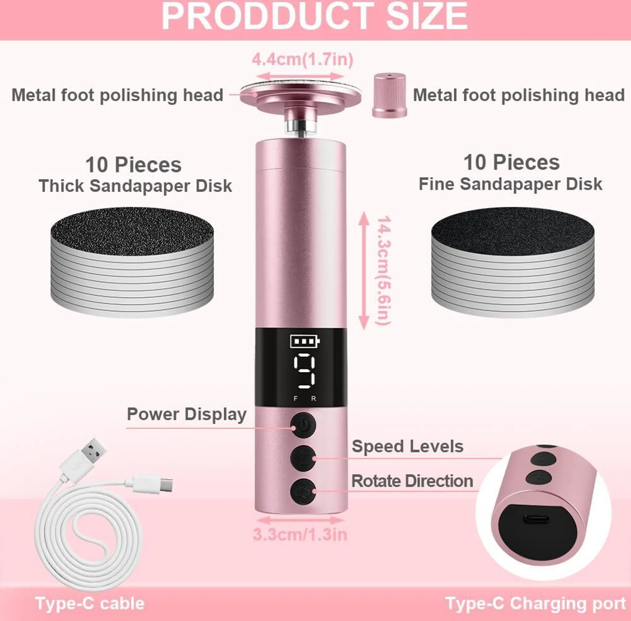 Produktgröße: Rosa Fußpolierer mit Zubehör, Ladekabel und Scheiben.