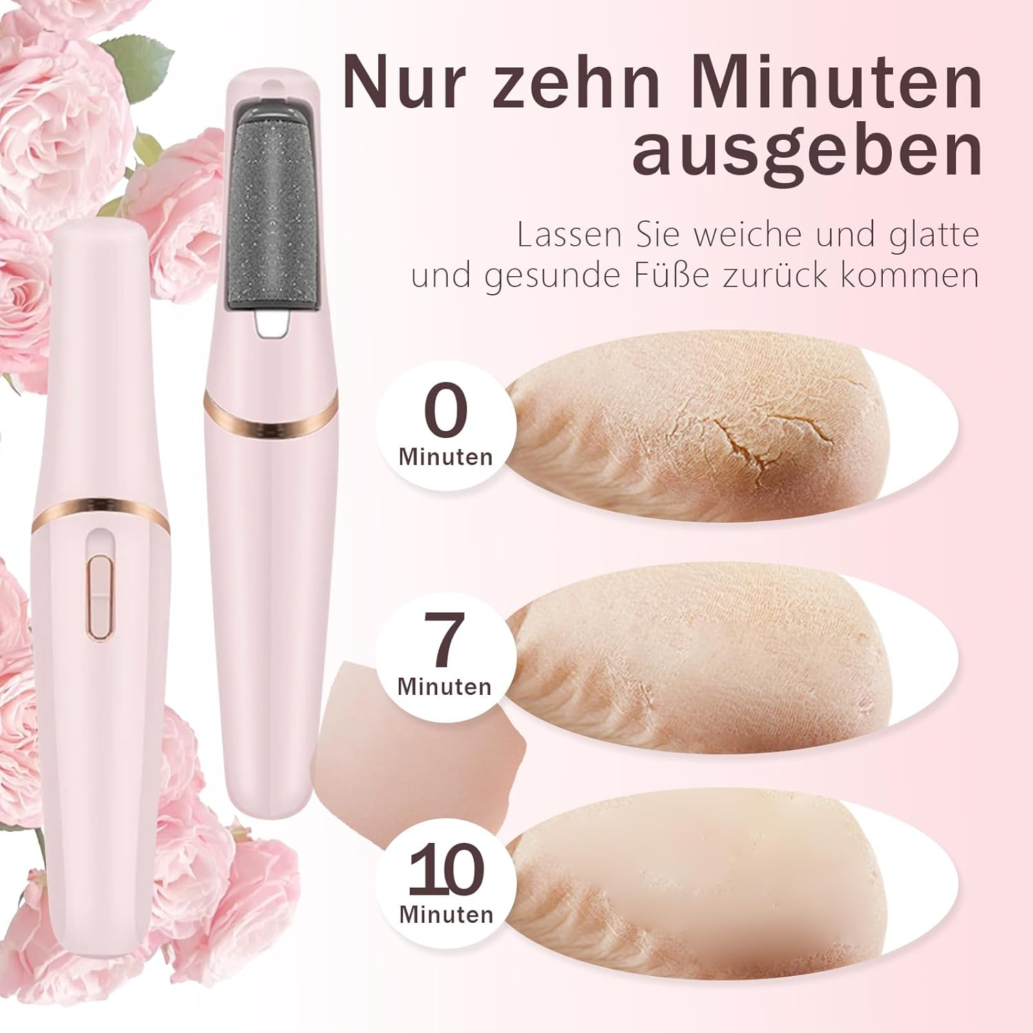 Ein rosa Fußpflegegerät mit Rosen im Hintergrund. Zeigt Vorher/Nachher-Bilder.