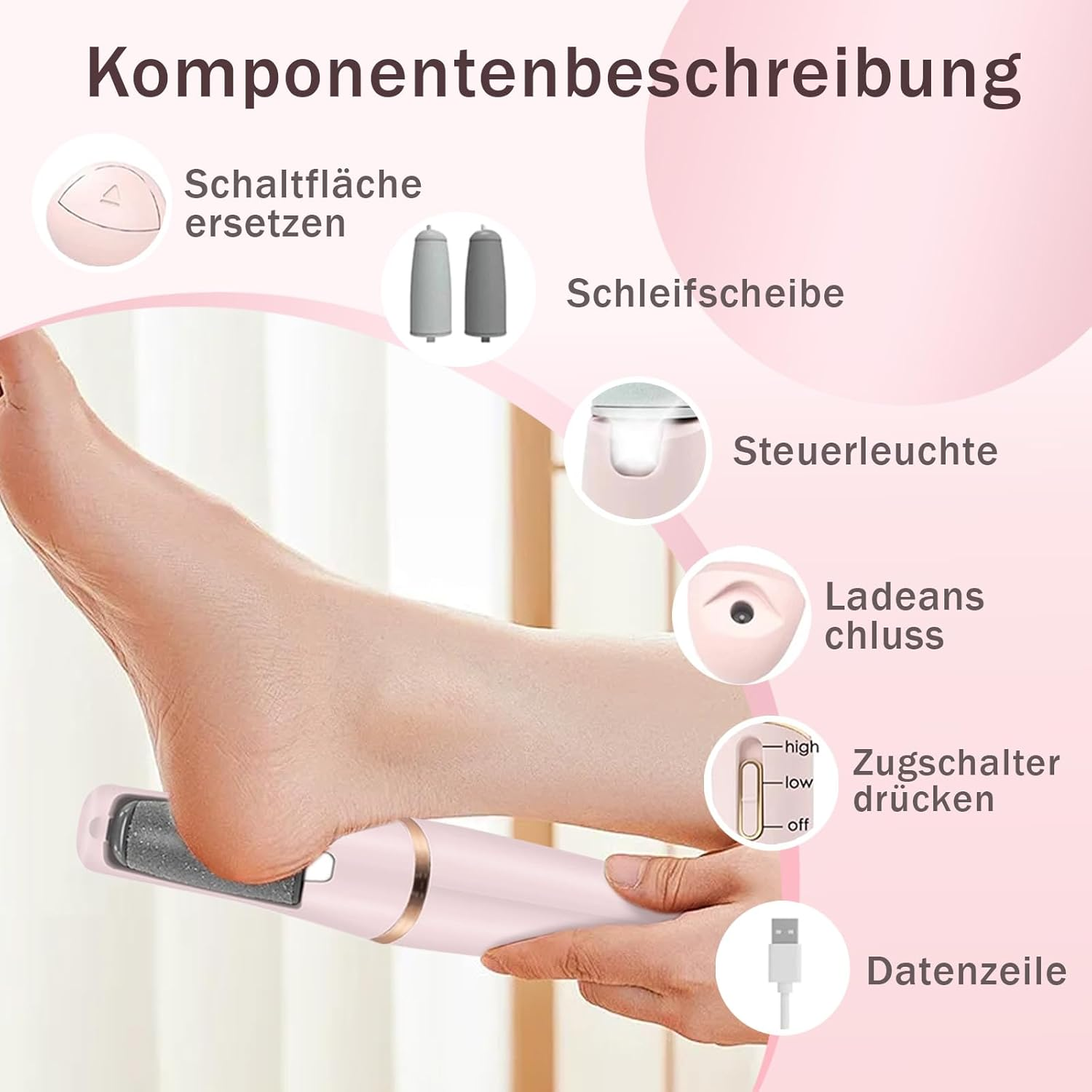 Ein Fußpflegegerät mit verschiedenen Aufsätzen und Ladeanschluss.