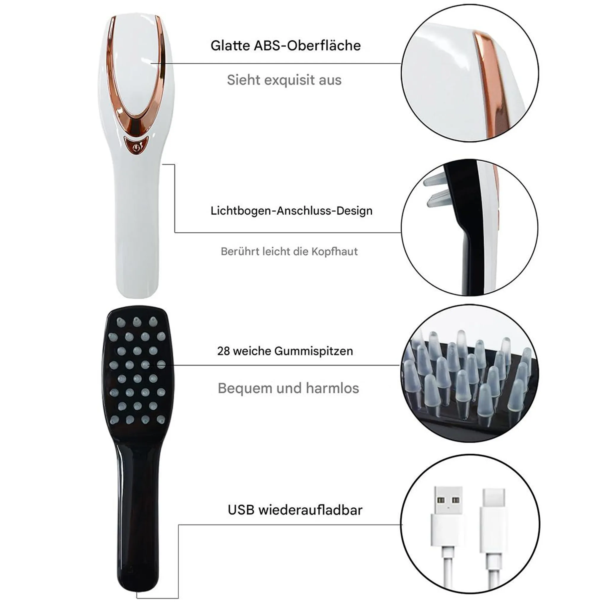 Ein weißer und ein schwarzer Kamm mit Gummispitzen und USB-Ladekabel.