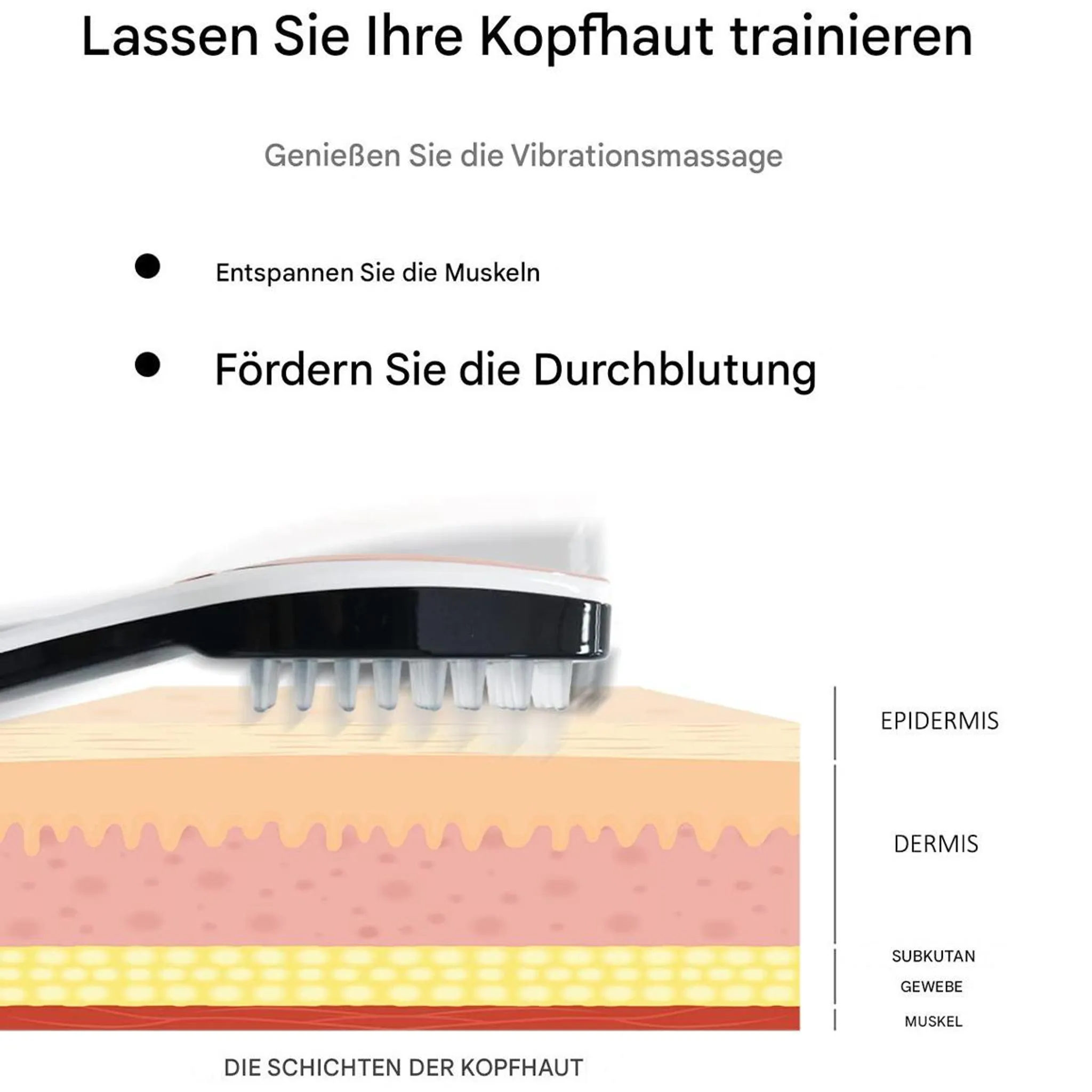 Ein Massagegerät für die Kopfhaut wird über Hautschichten gezeigt, die Epidermis, Dermis und Muskeln darstellen.