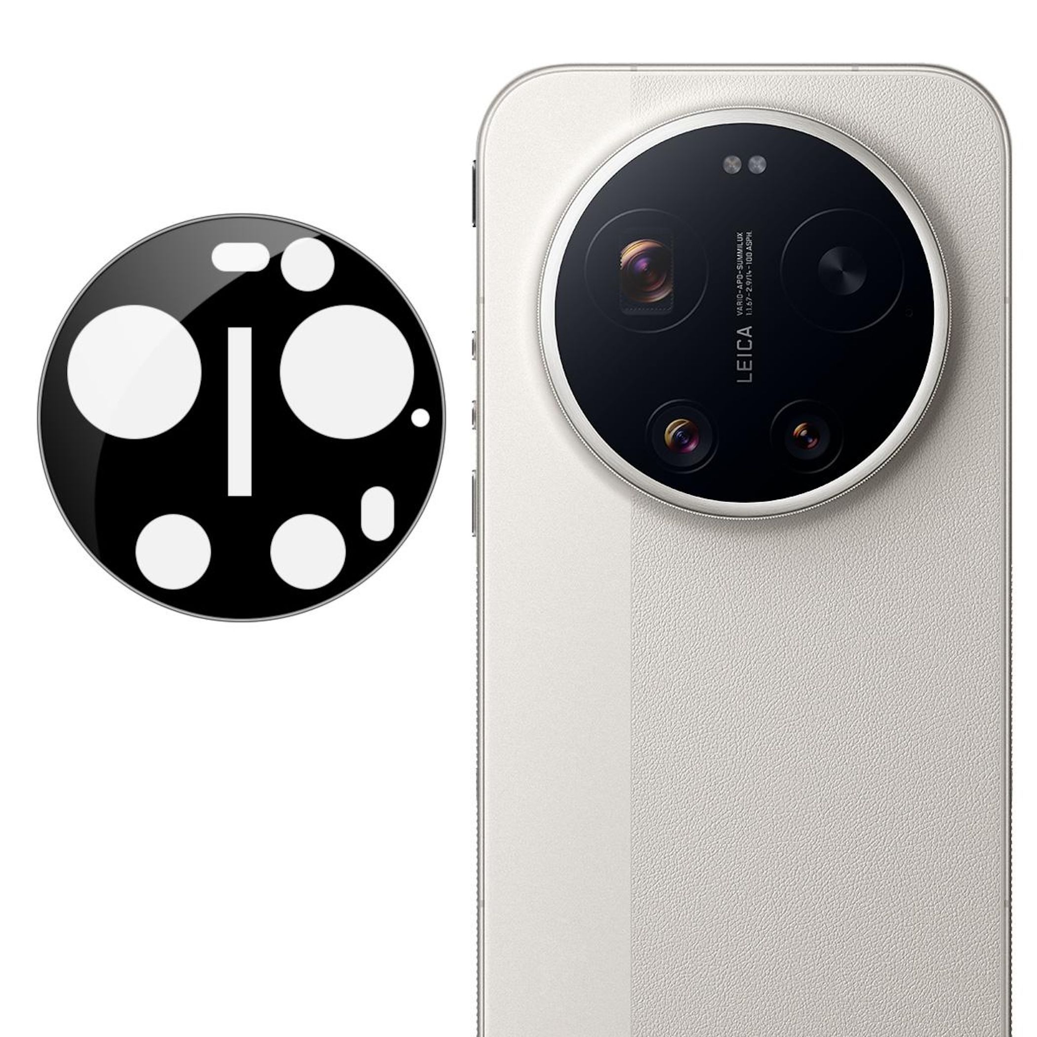 Ein schwarzer Kamera-Schutz mit weißen Kreisen und ein weißes Smartphone mit Leica-Kamera.