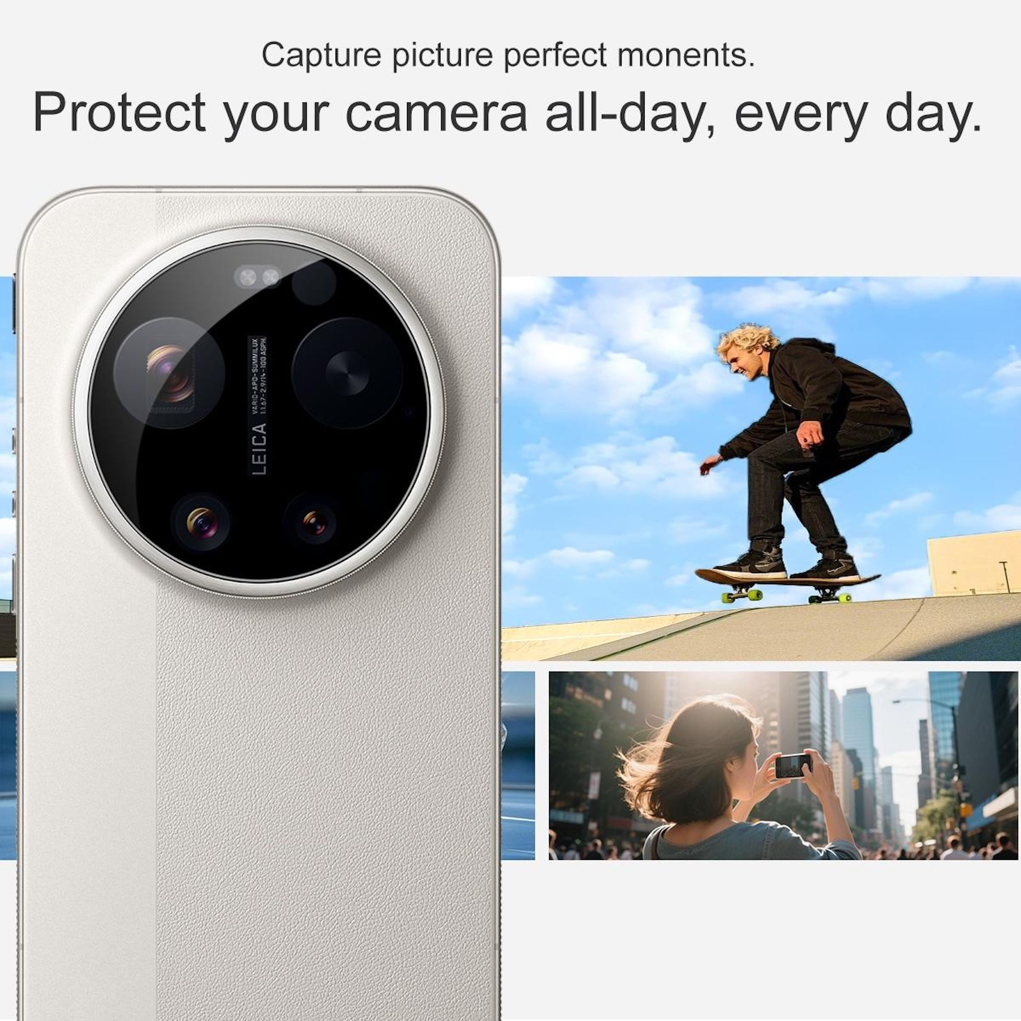 Ein Handy mit Leica-Kamera, Skateboarder und Frau mit Handy.