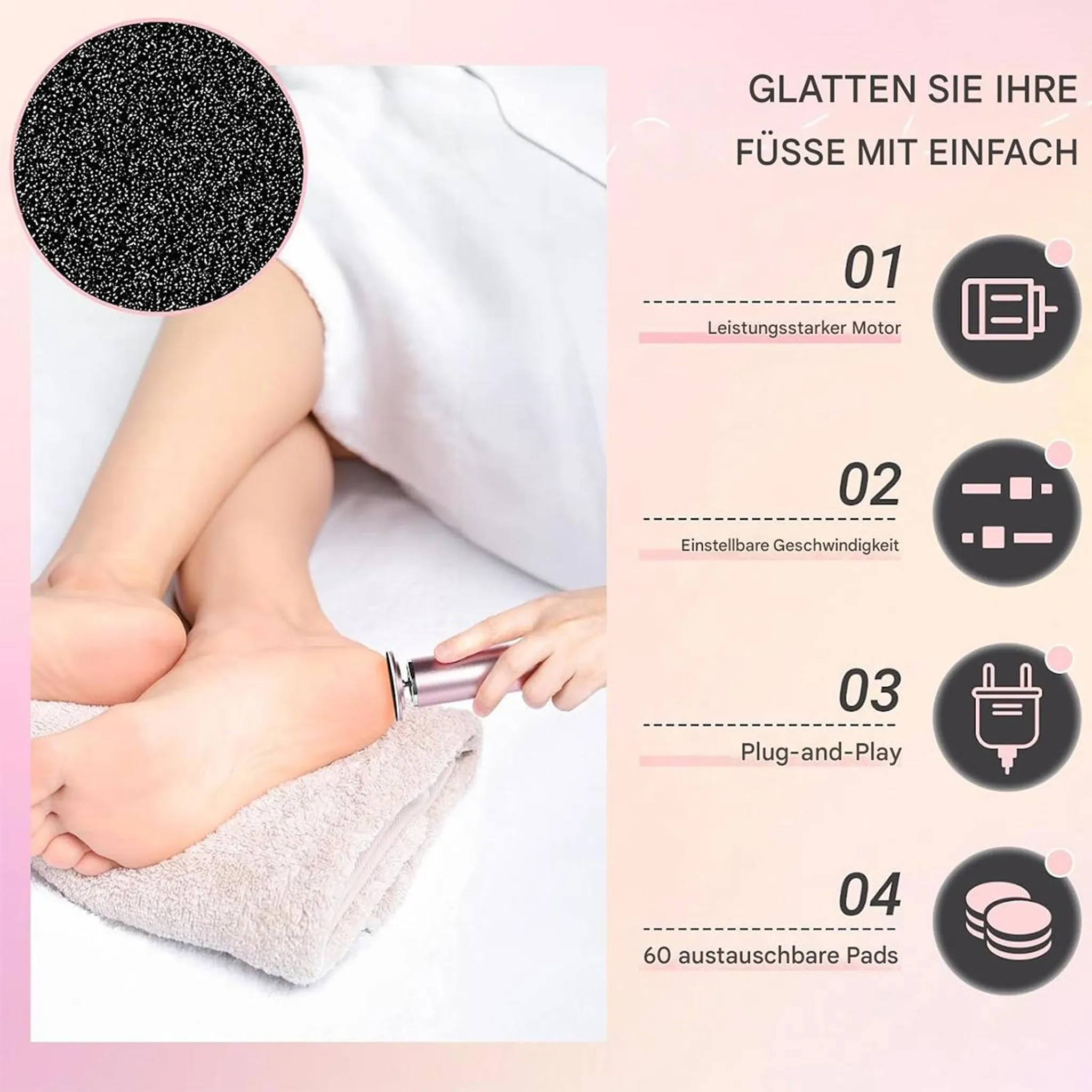 Fußpflegegerät mit Austauschpads und Motor, variabler Geschwindigkeit, Plug-and-Play.