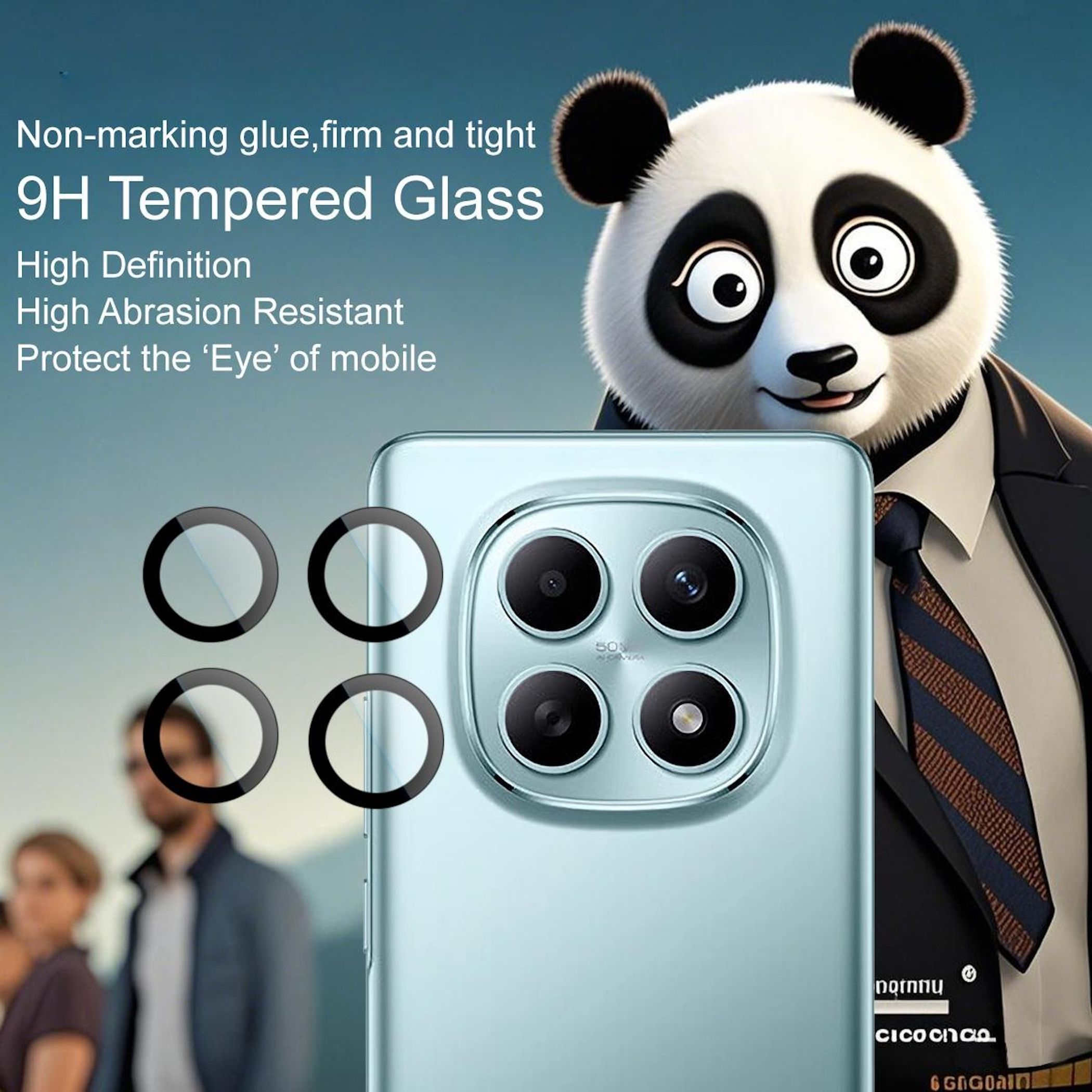 Un panda in giacca e cravatta accanto a un telefono azzurro con quattro fotocamere.
