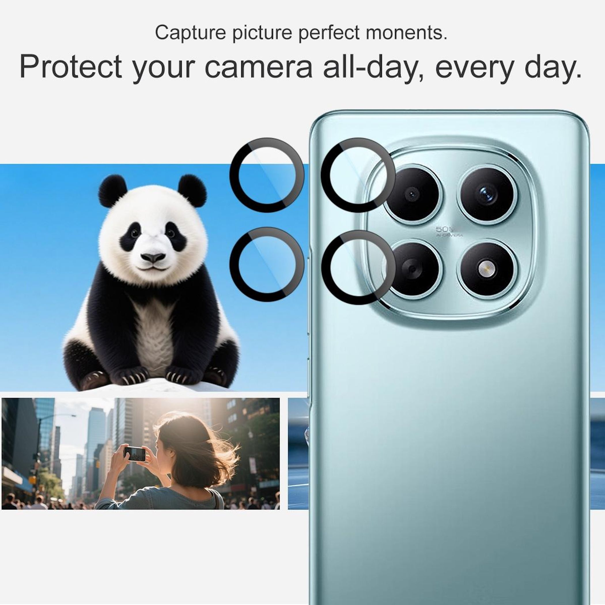 Un panda, fotocamere per smartphone e una donna che scatta una foto.
