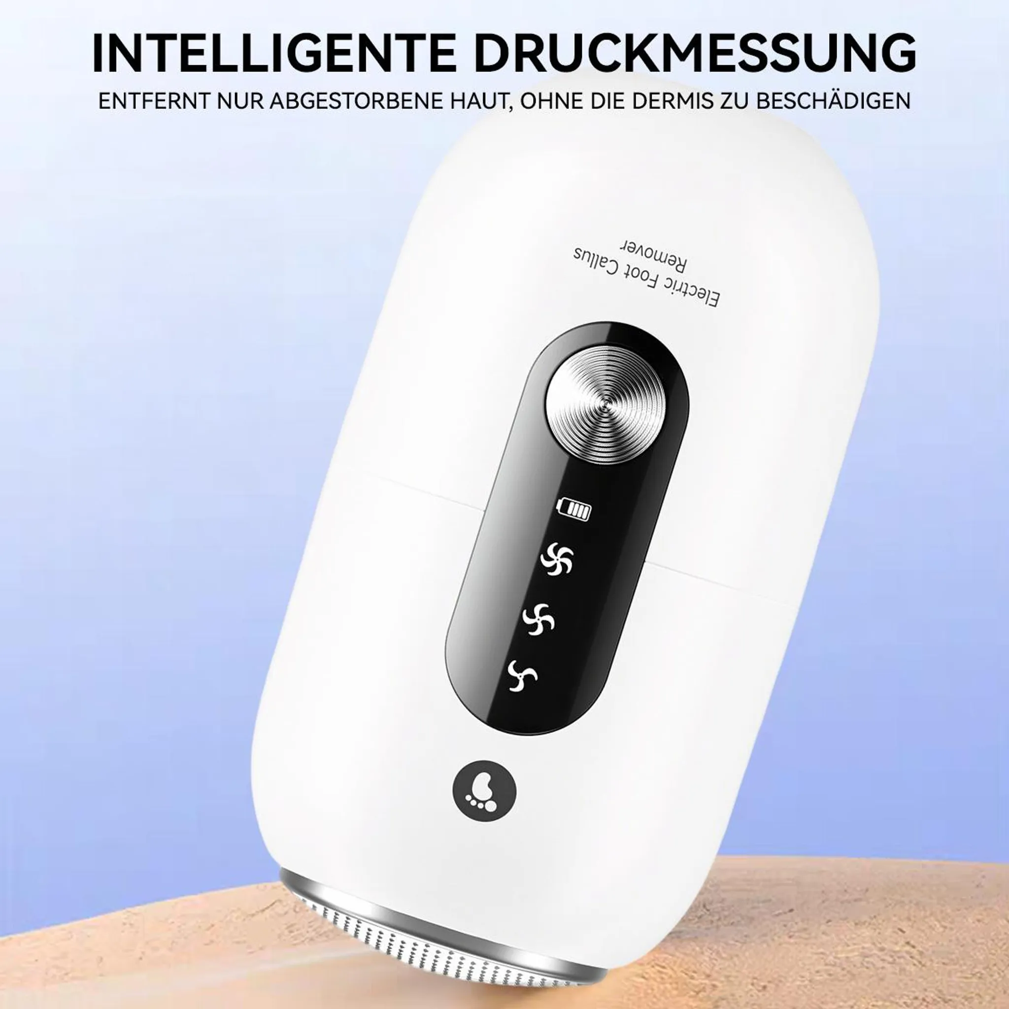 Ein weißer elektrischer Hornhautentferner mit einem Display und einer Taste, der auf Haut angewendet wird.
