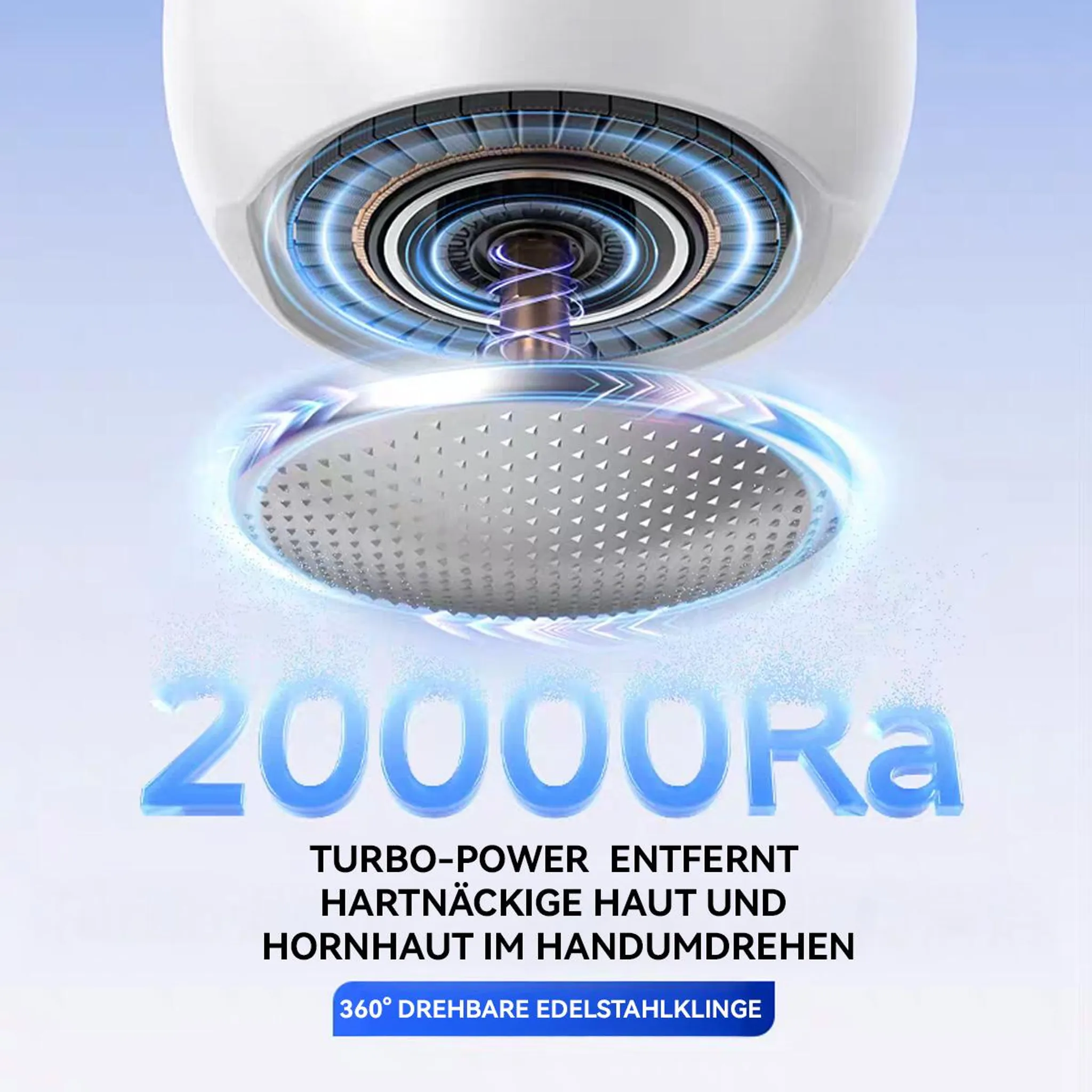 Nahaufnahme eines elektrischen Hornhautentferners mit blauen Lichteffekten und Text.