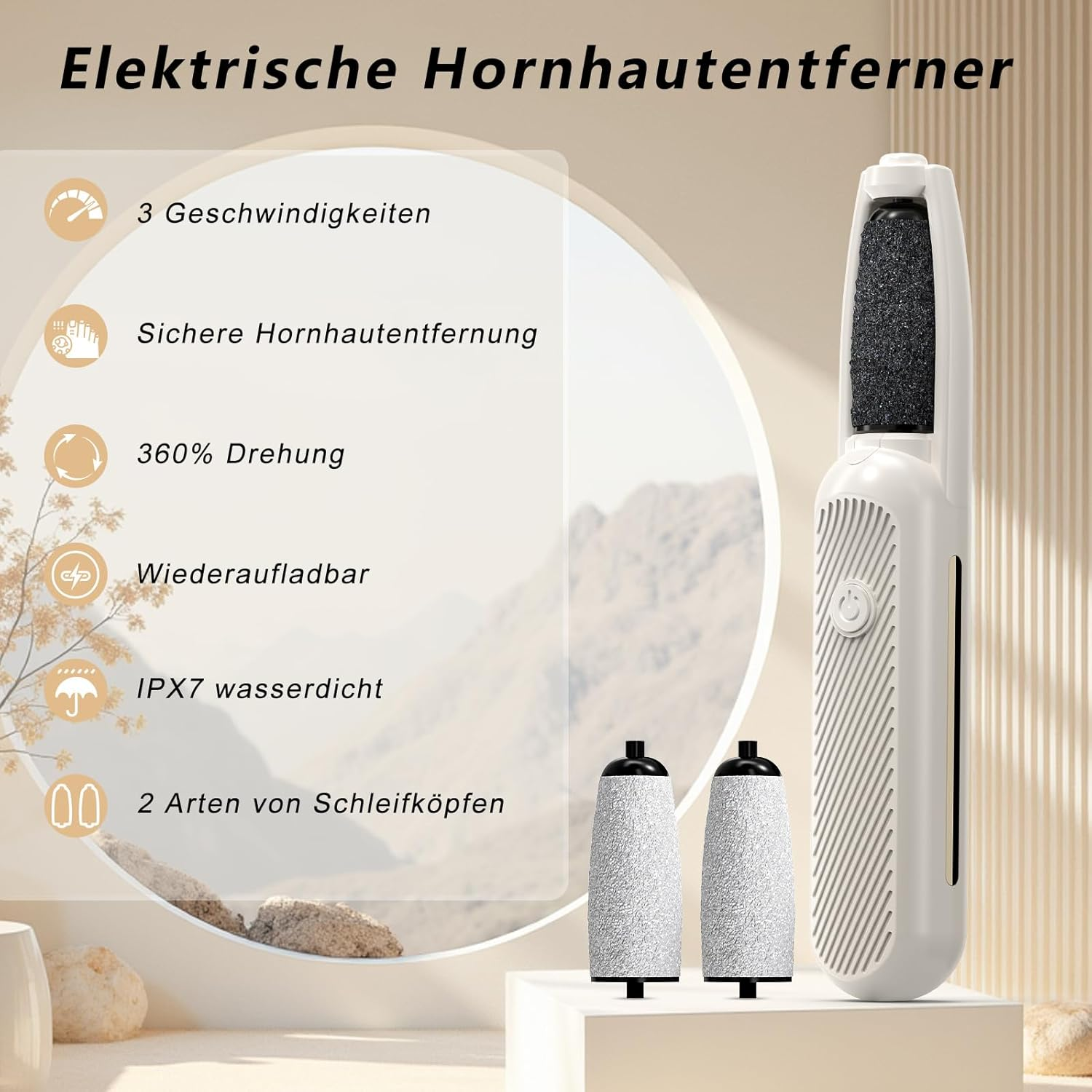 Elektrischer Hornhautentferner mit 3 Geschwindigkeiten, 360 Grad Drehung, wiederaufladbar, IPX7 wasserdicht.