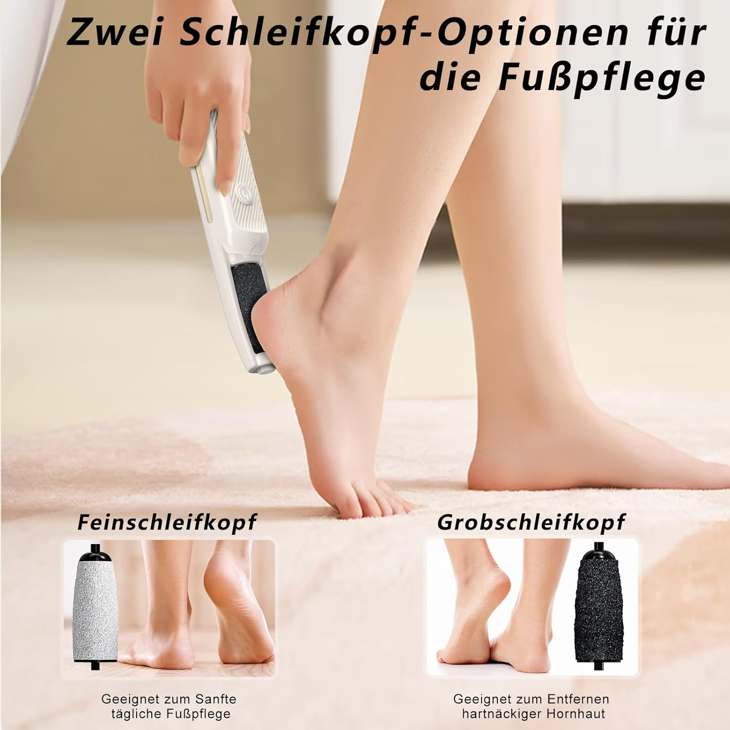 Zwei Fußpflege-Aufsätze: fein für tägliche Pflege, grob für Hornhaut.