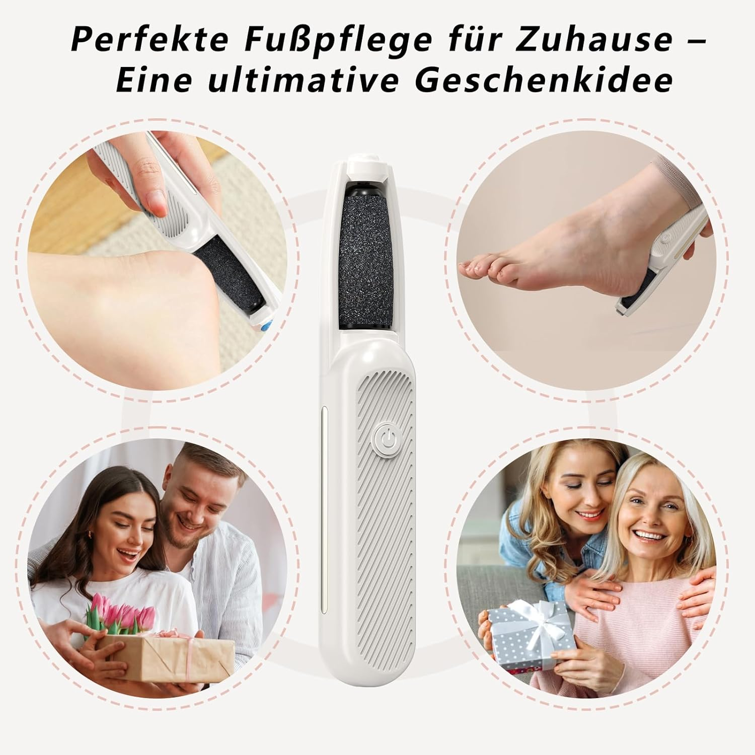 Ein elektrischer Hornhautentferner wird gezeigt, mit Bildern von Füßen und Geschenken.