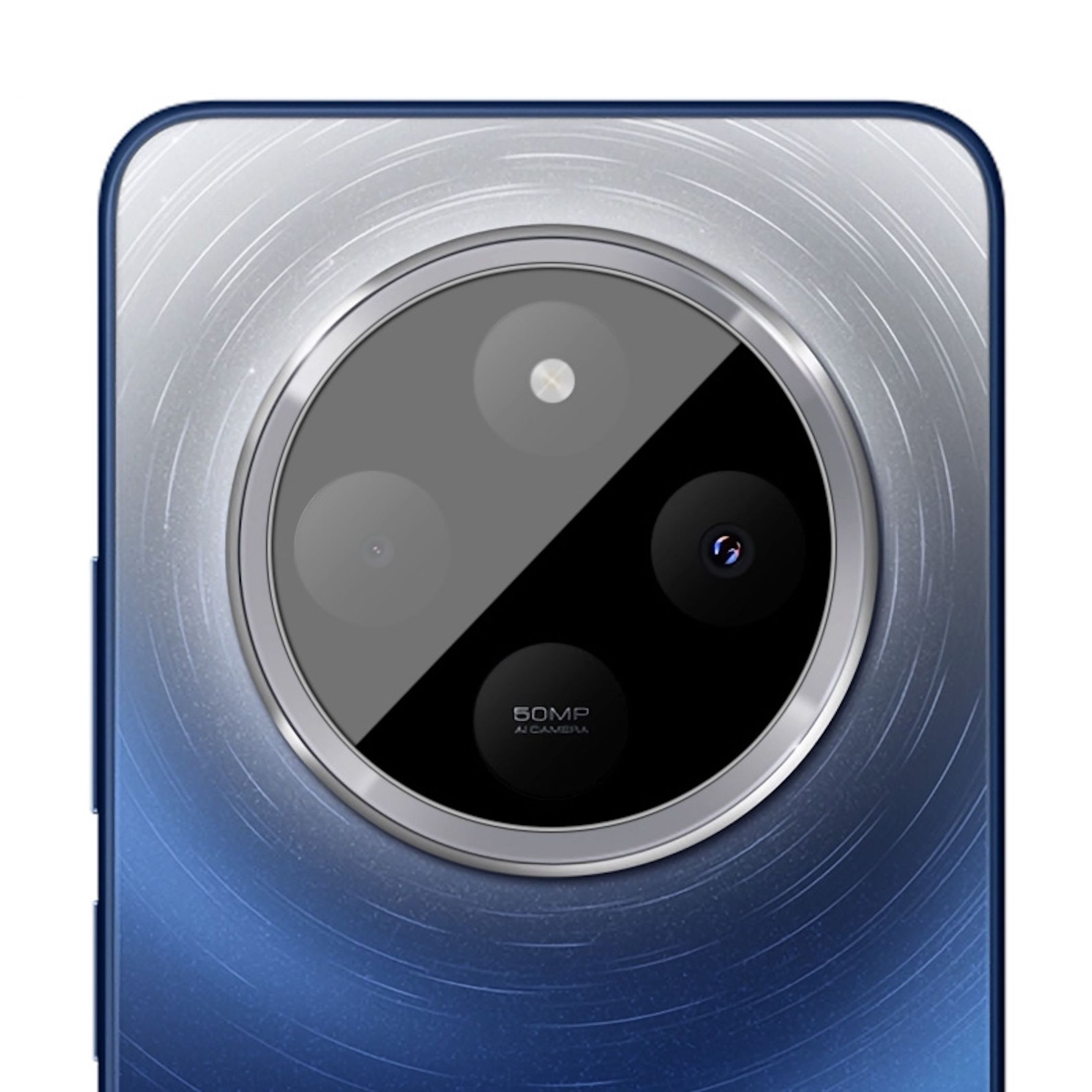 Retro di uno smartphone blu con unità fotocamera rotonda a tre obiettivi.