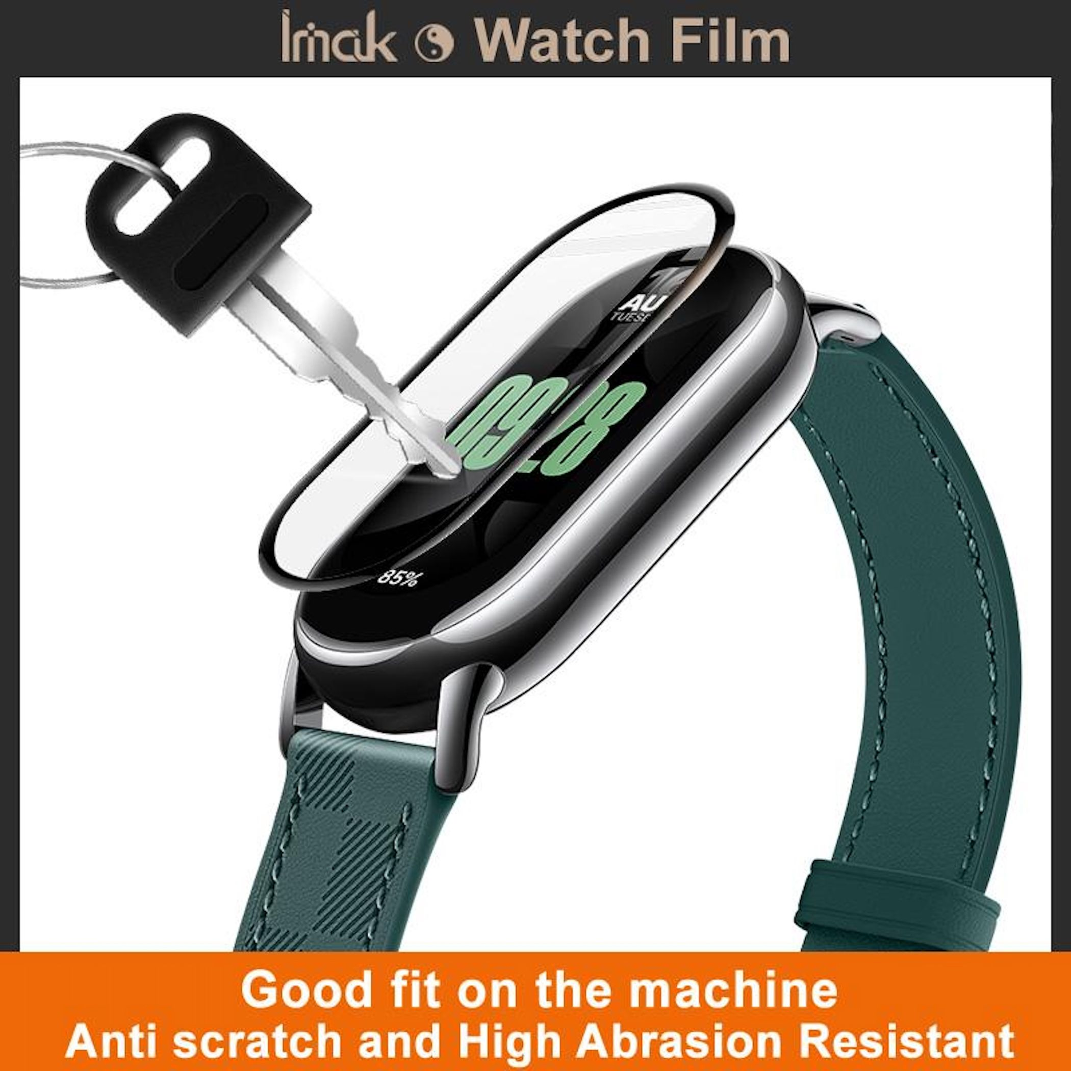 Chiave nera e orologio smart verde, applicazione pellicola protettiva.
