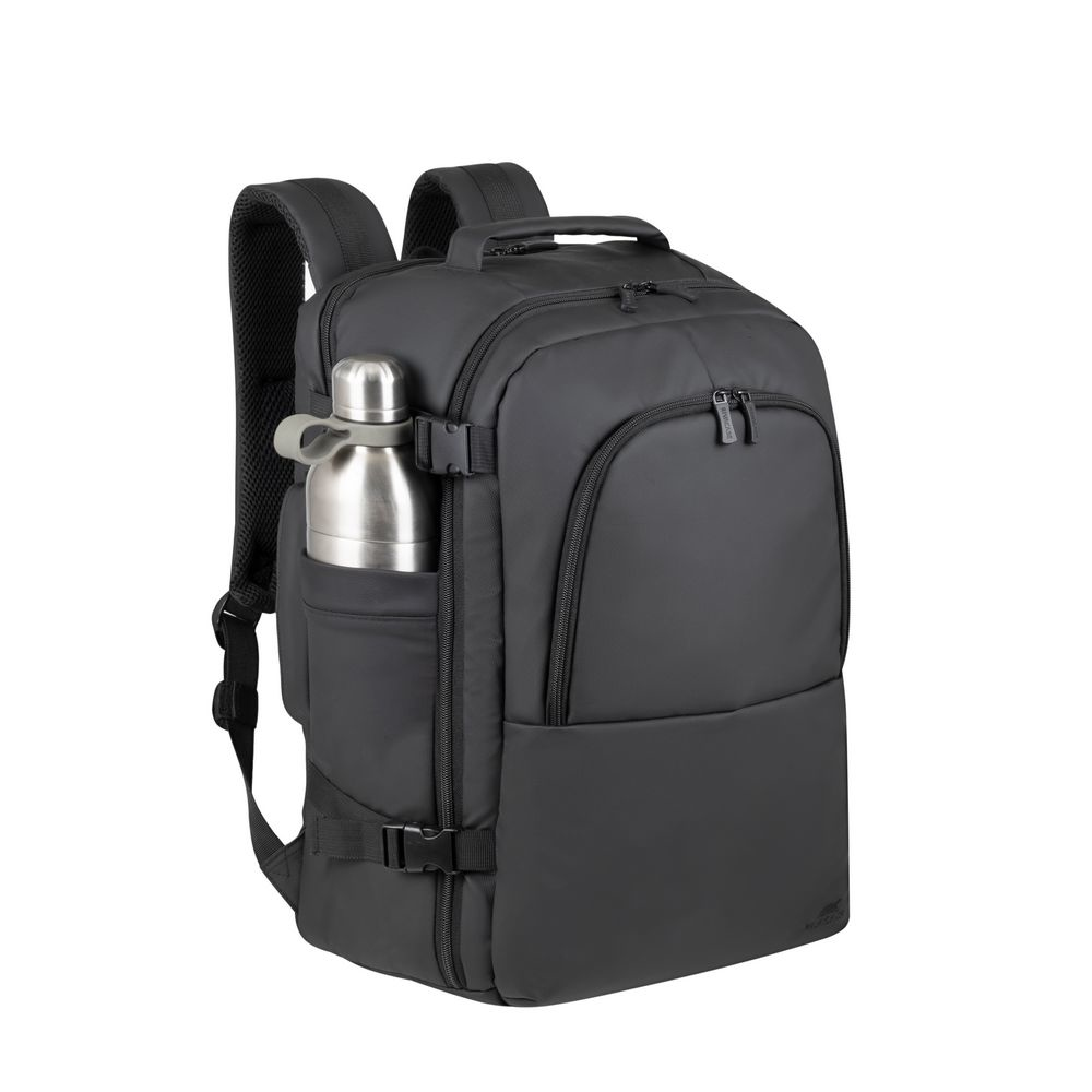 A black backpack with a silver water bottle in its side pocket.
