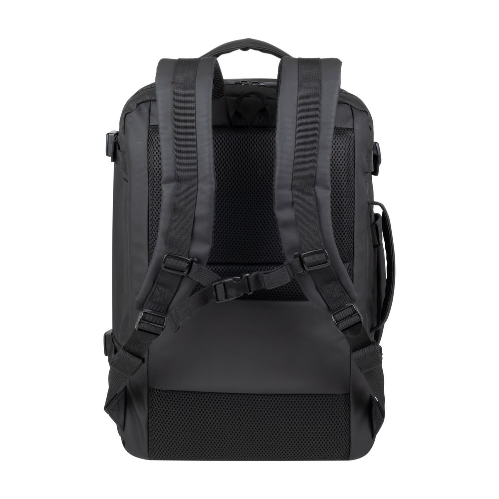 Black backpack with padded shoulder straps and mesh back panel.
