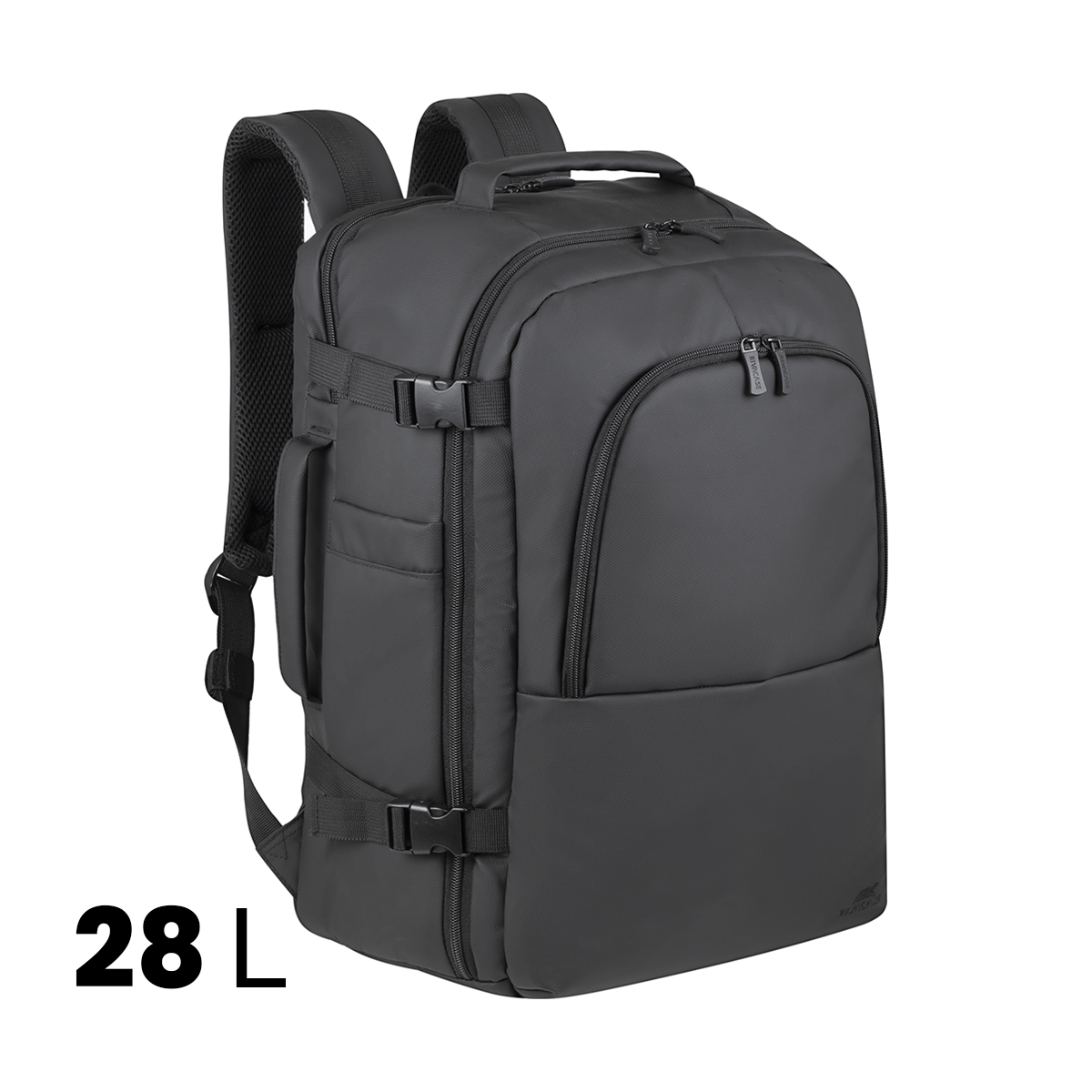 A black backpack with multiple pockets and buckles, 28 L capacity.