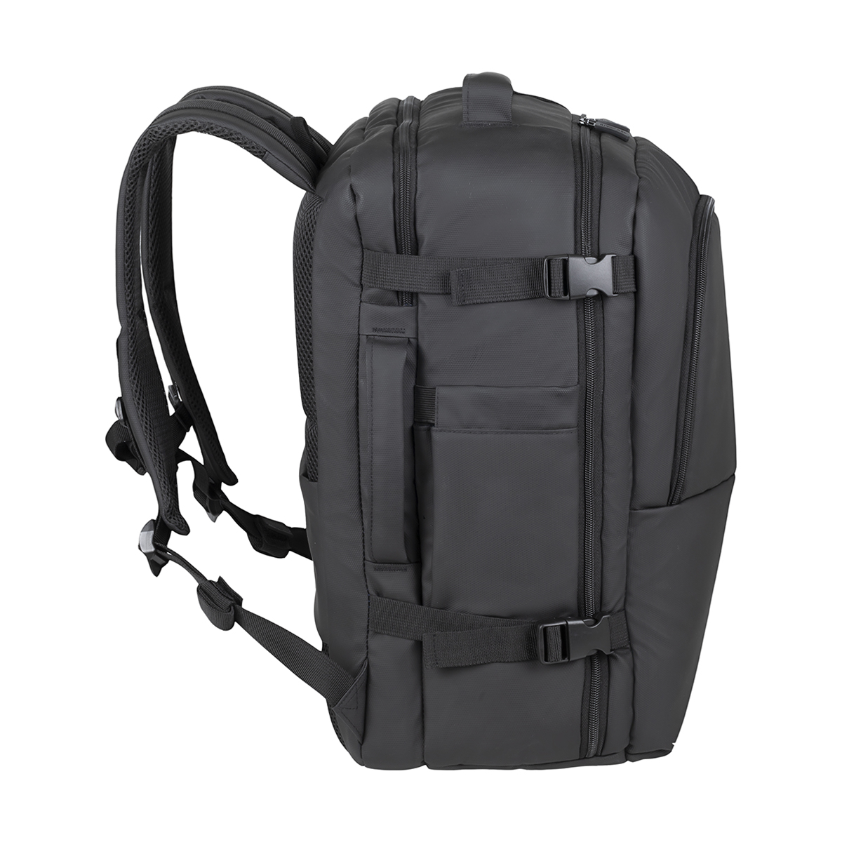 Black backpack with padded straps, zippers, and buckles, side view.