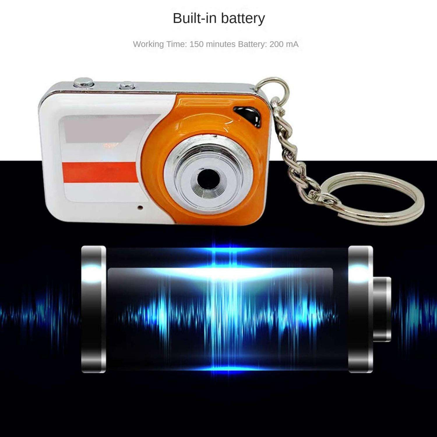 Orange-weiße Mini-Kamera Schlüsselanhänger mit silberner Kette. Batterie-Grafik unten.