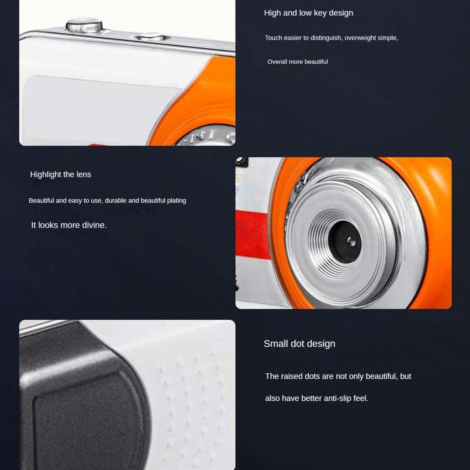 Nahaufnahme einer Kamera mit orangefarbenen und weißen Akzenten, Objektiv im Fokus.