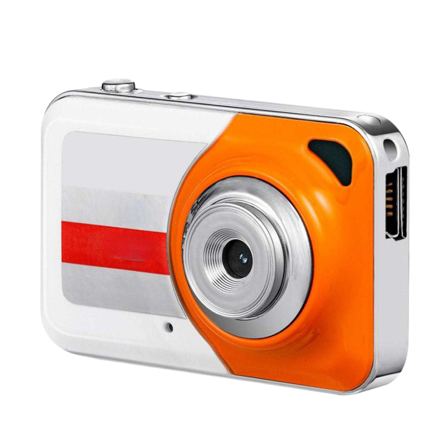 Kompakte Digitalkamera mit weißem Gehäuse, orangefarbener Vorderseite und silbernem Objektiv.