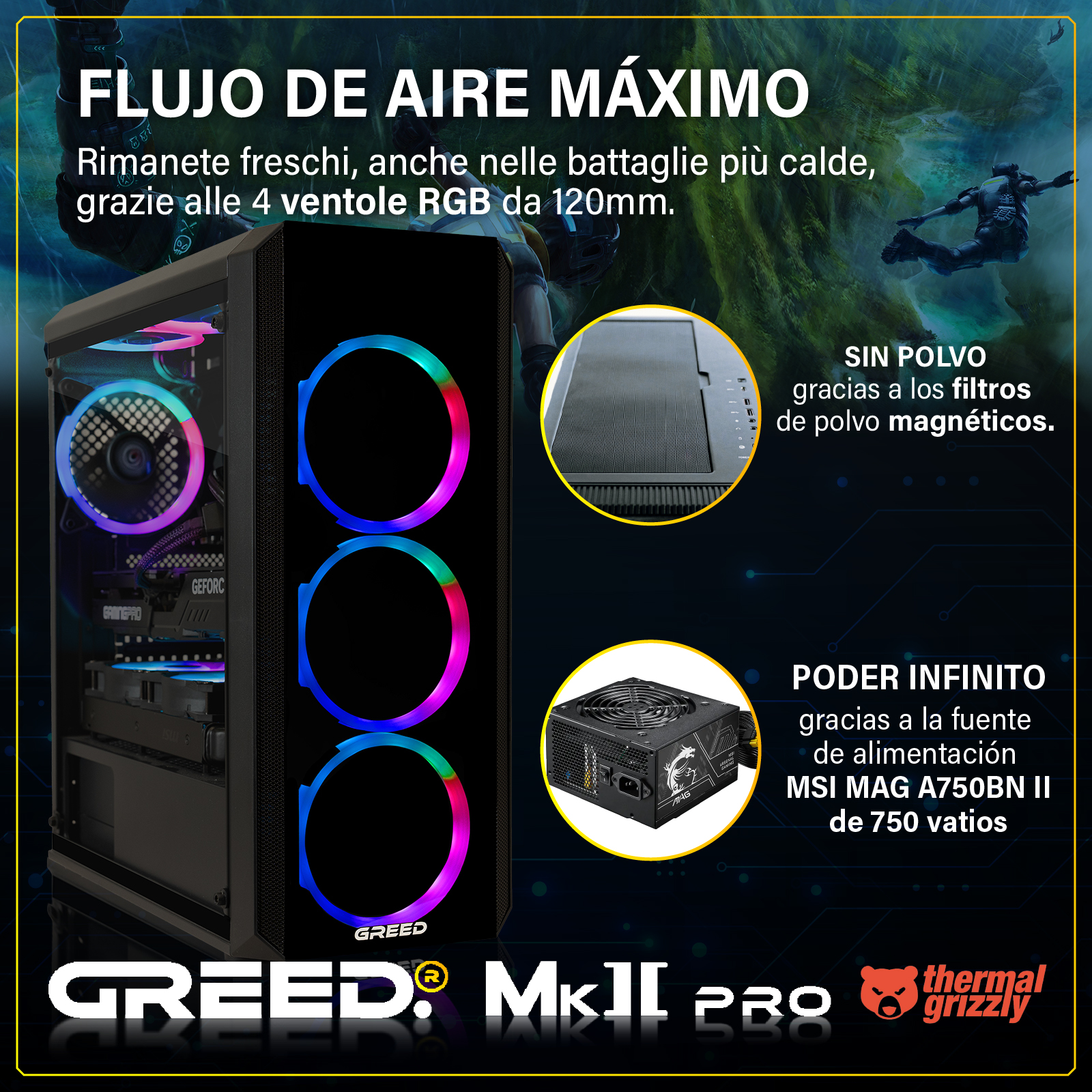 Caja de PC gaming con ventiladores RGB, fuente y filtros de polvo.
