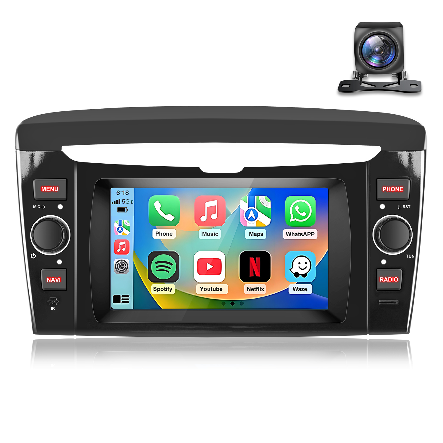 Un touchscreen per autoradio con icone di app e telecamera posteriore.
