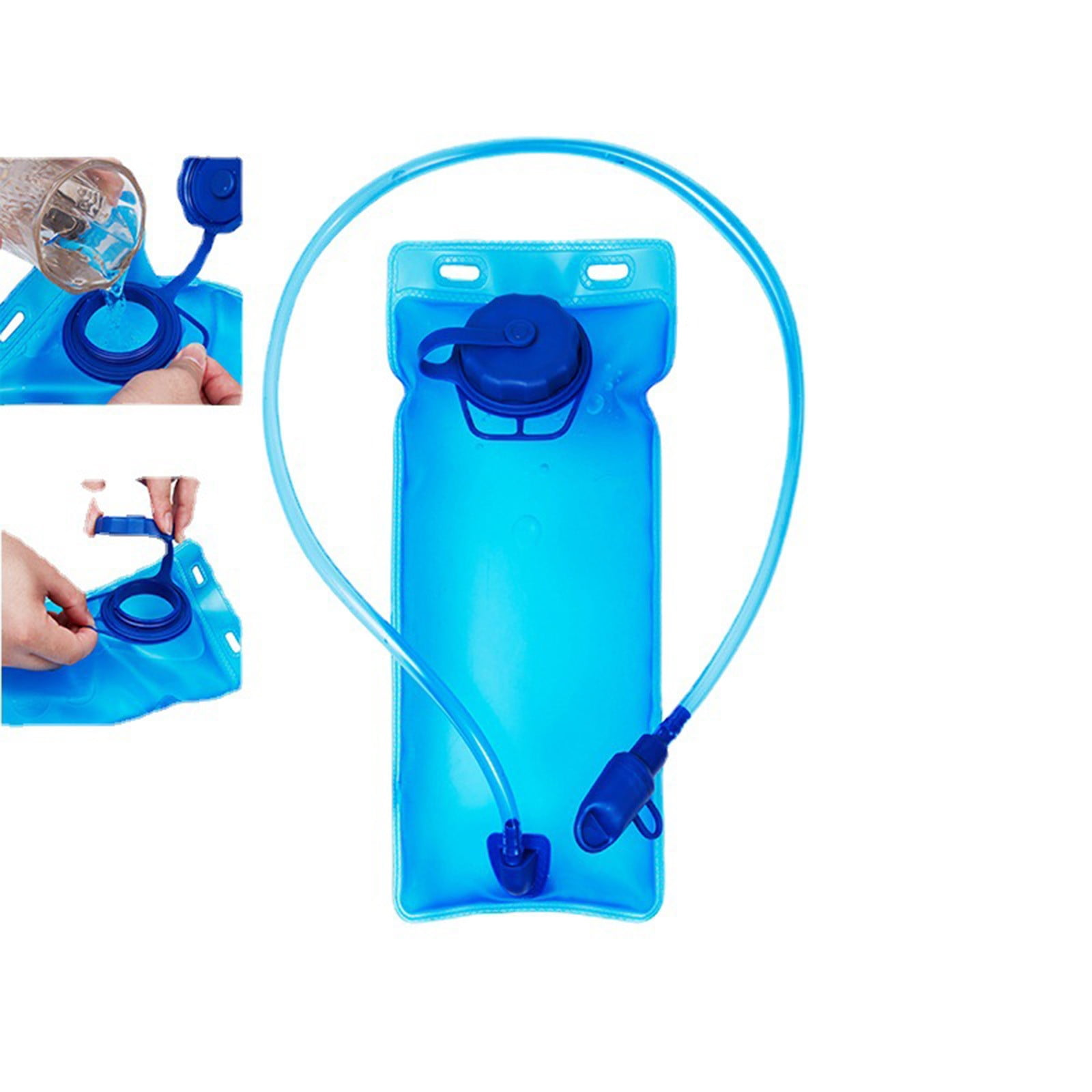 Eine blaue Wasserblase mit Trinkschlauch und Deckel, auf weißem Hintergrund.