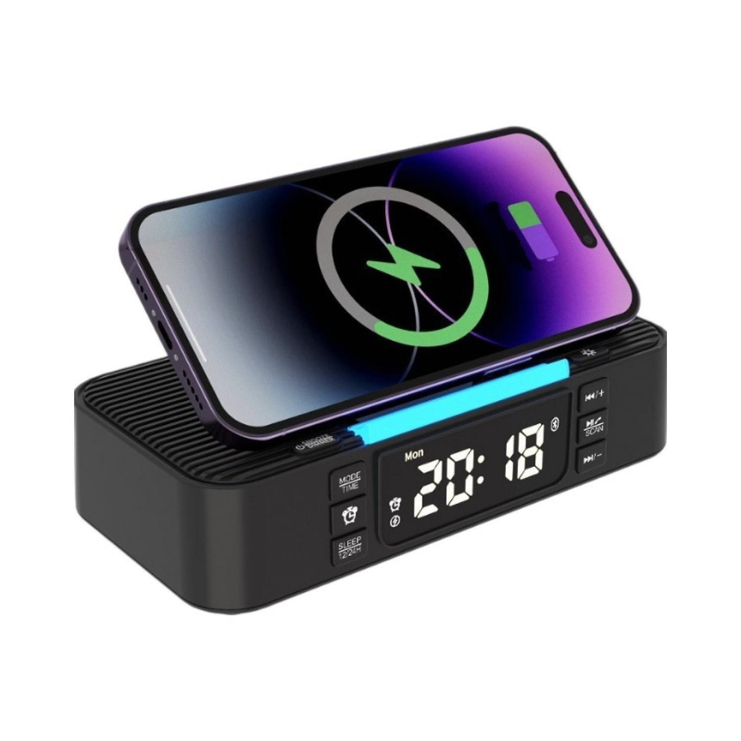 Ein schwarzer Wecker mit einem Handy zum Aufladen. Digitaluhrzeit 20:18 angezeigt.