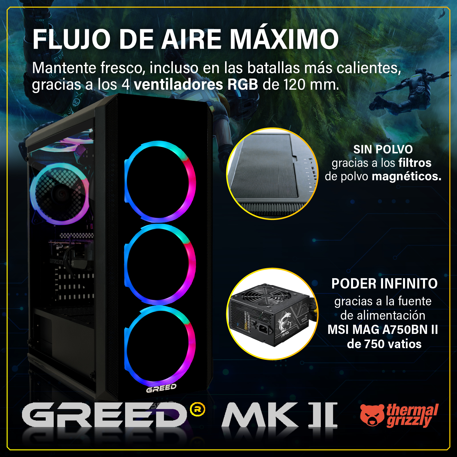 Caja de PC con ventiladores RGB, fuente y filtro de polvo.