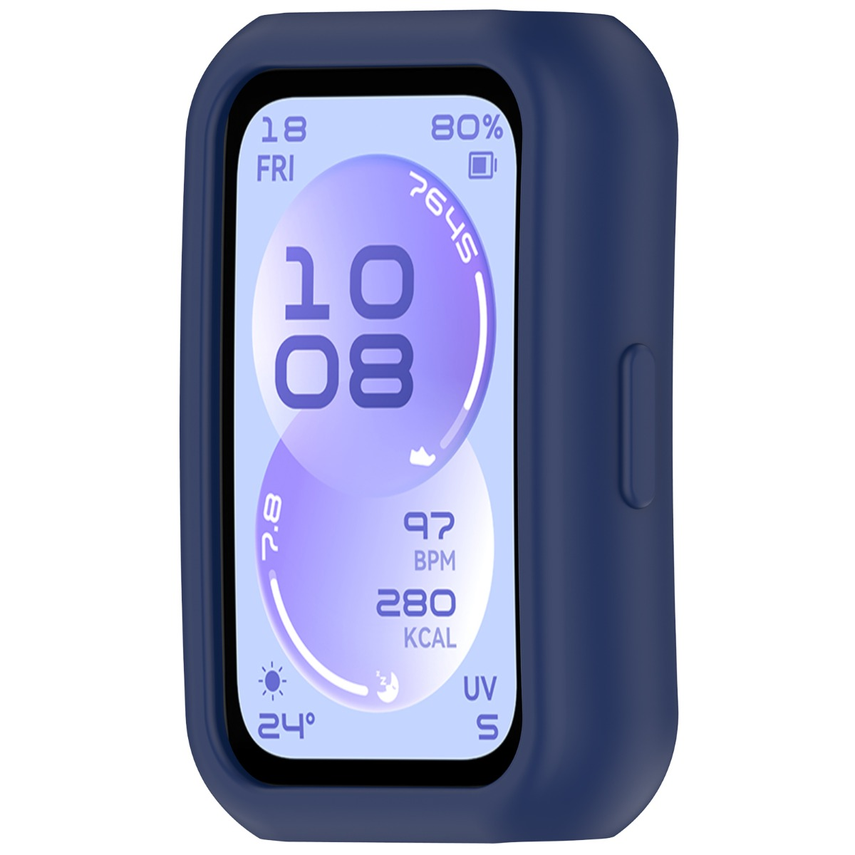 Una custodia blu scuro circonda un display rettangolare di smartwatch con ora, data e dati sanitari.