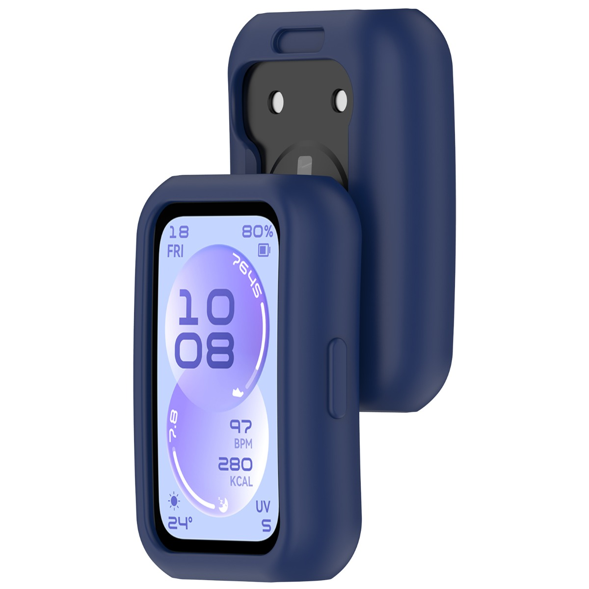 Due custodie blu scuro per orologio. Una mostra un display luminoso con ora, data e dati fitness.
