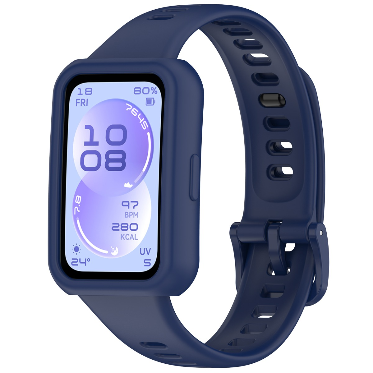 Smartwatch blu scuro con cinturino in silicone, mostra ora, data, battito cardiaco, calorie.