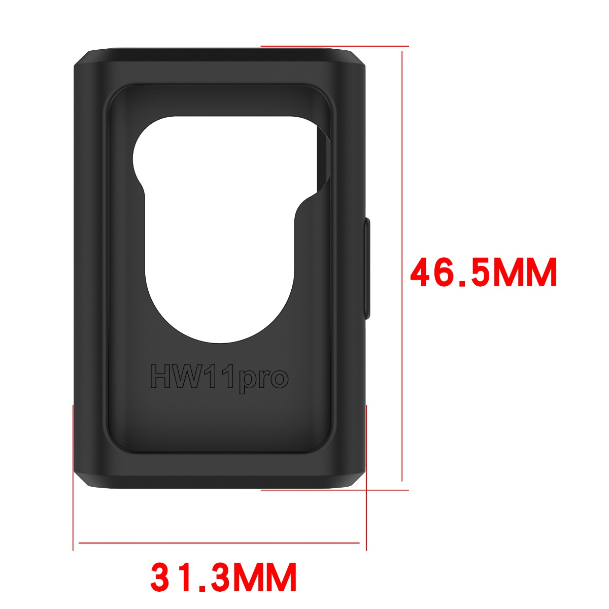 Custodia protettiva nera con dimensioni 31,3MM e 46,5MM. Testo HW11pro.