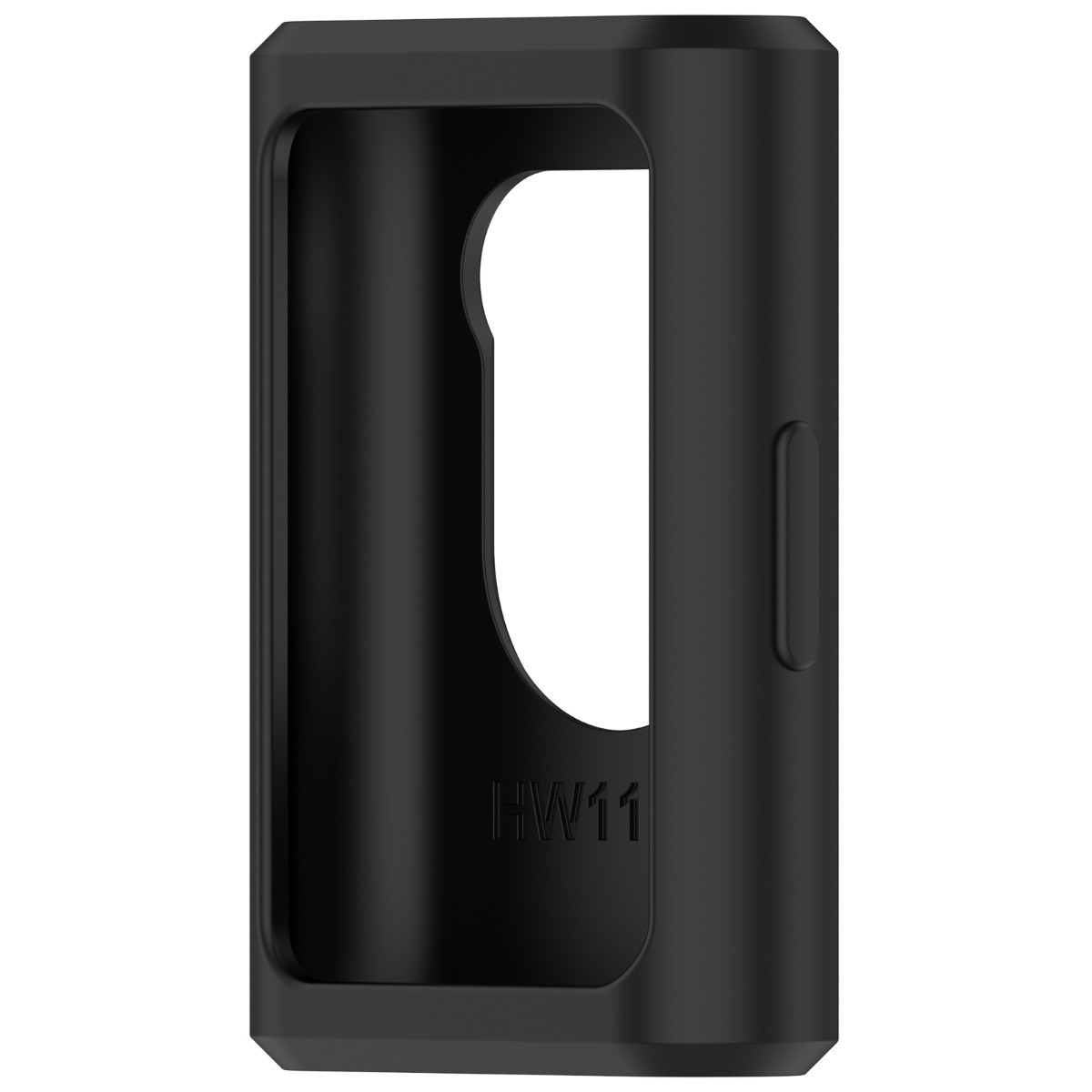 Una custodia nera con un ritaglio rettangolare e la scritta HW11.