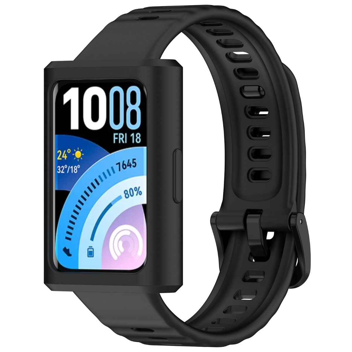 Bracciale fitness nero con schermo rettangolare che mostra ora e meteo.