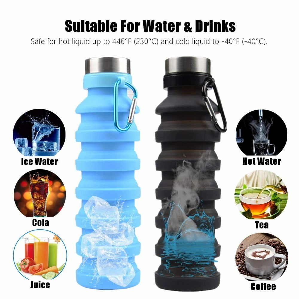 Zwei faltbare Wasserflaschen, blau und schwarz, mit Eiswasser, Cola, Saft, heißem Wasser, Tee und Kaffee.