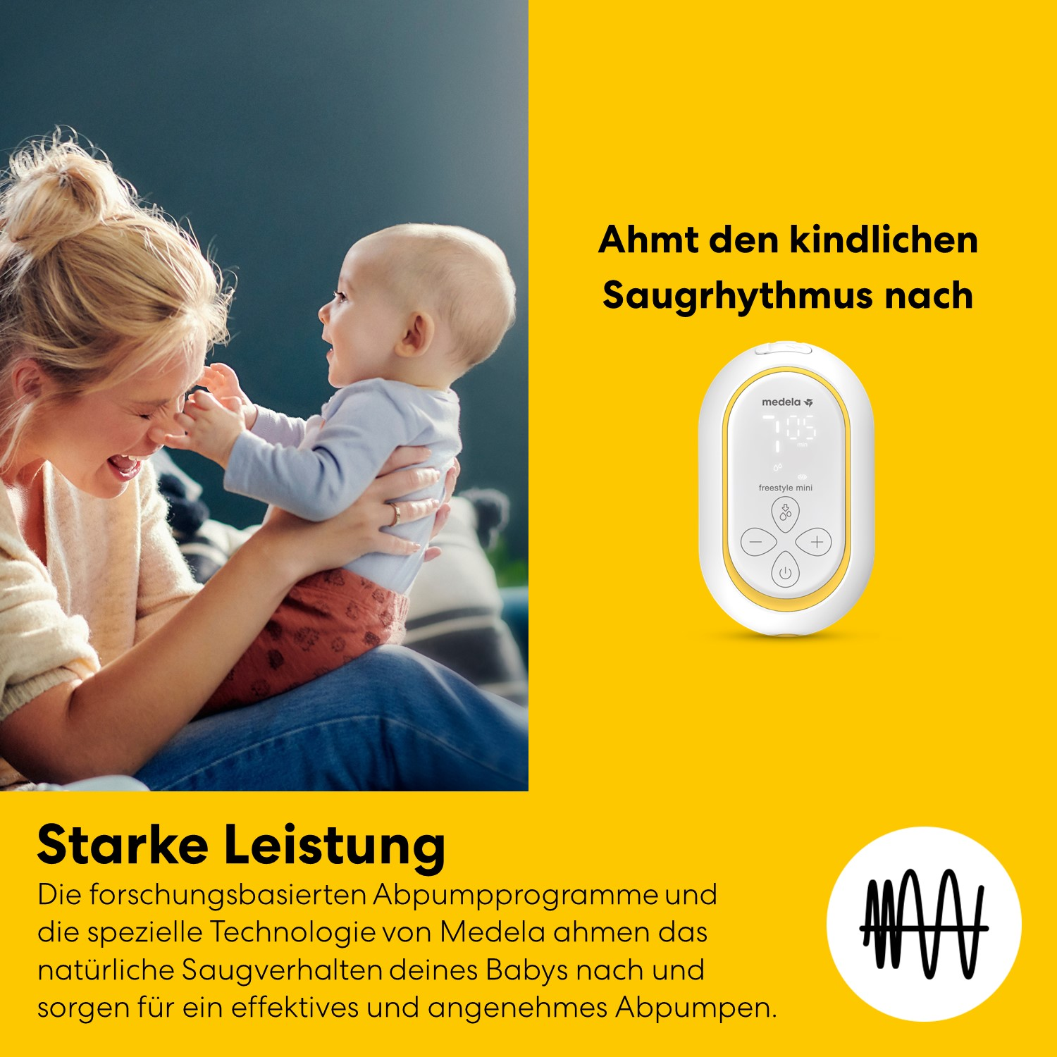 Mutter mit Baby und Medela Milchpumpe vor gelbem Hintergrund.