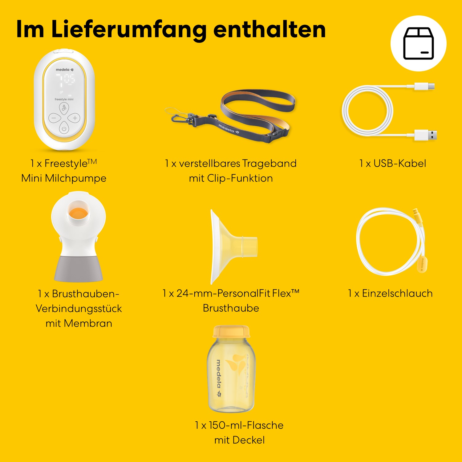 Lieferumfang: Milchpumpe, Trageband, USB-Kabel, Brusthaube, Flasche, Schlauch.