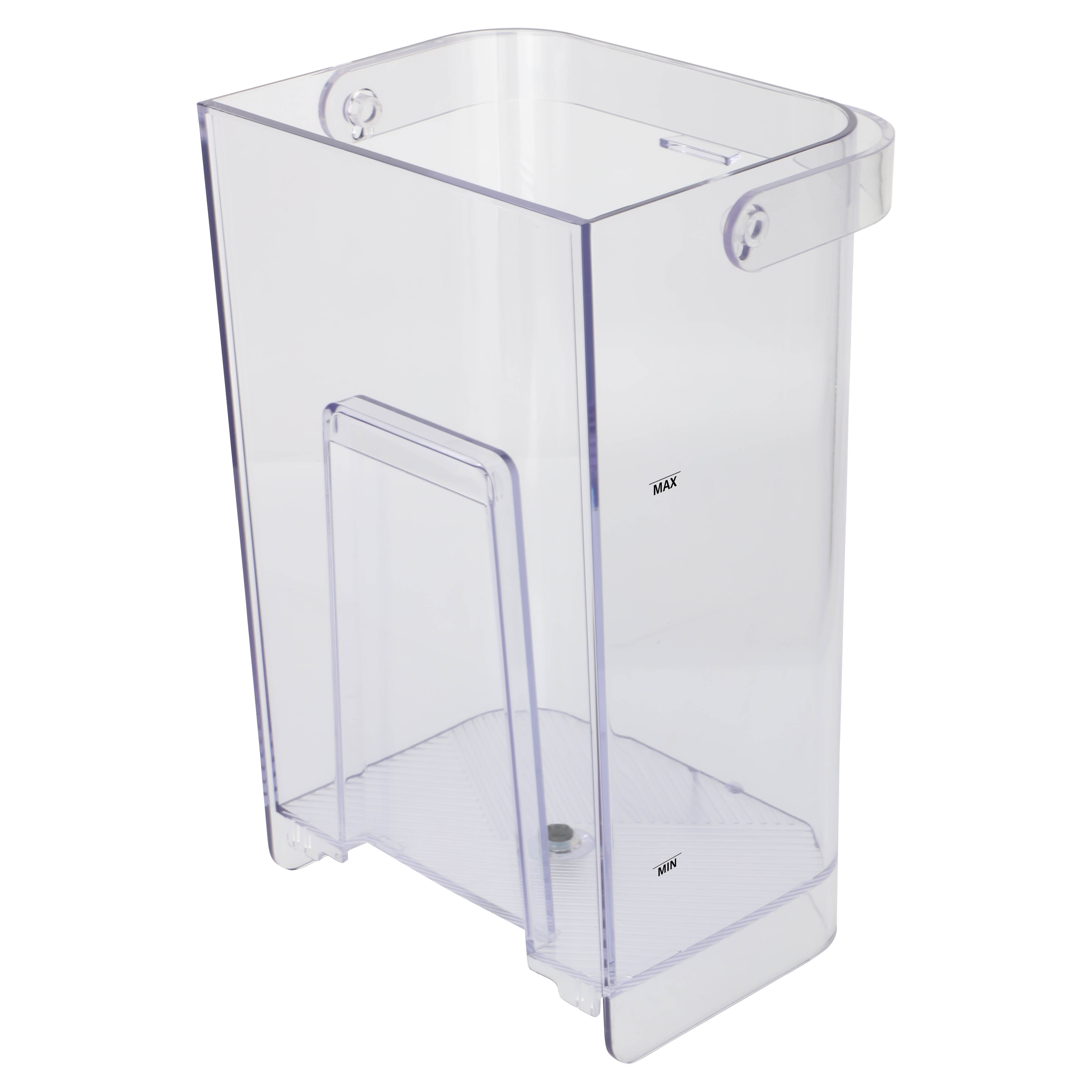 A clear plastic container with handles and MAX and MIN markings.