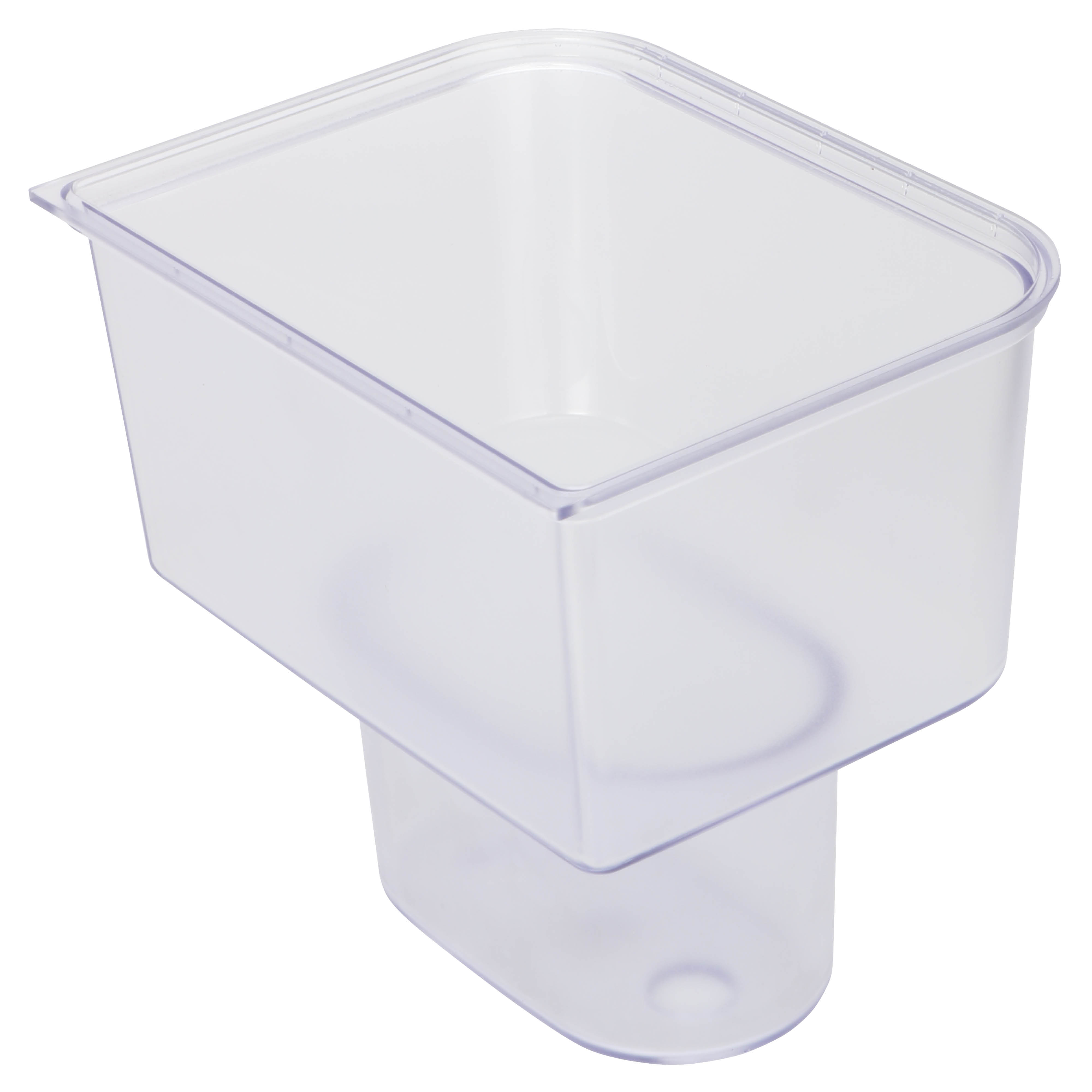 A clear plastic container with a handle, shown empty.