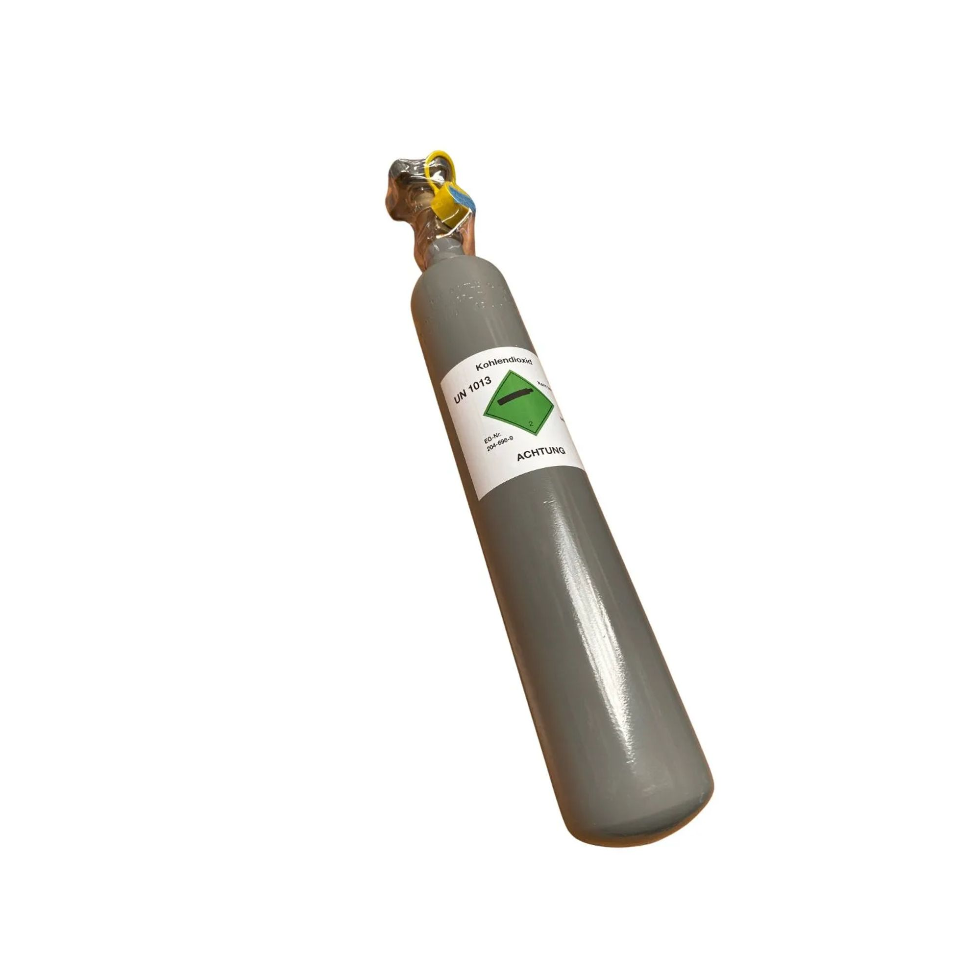 Gray gas cylinder with a warning label for Carbon Dioxide (UN 1013).