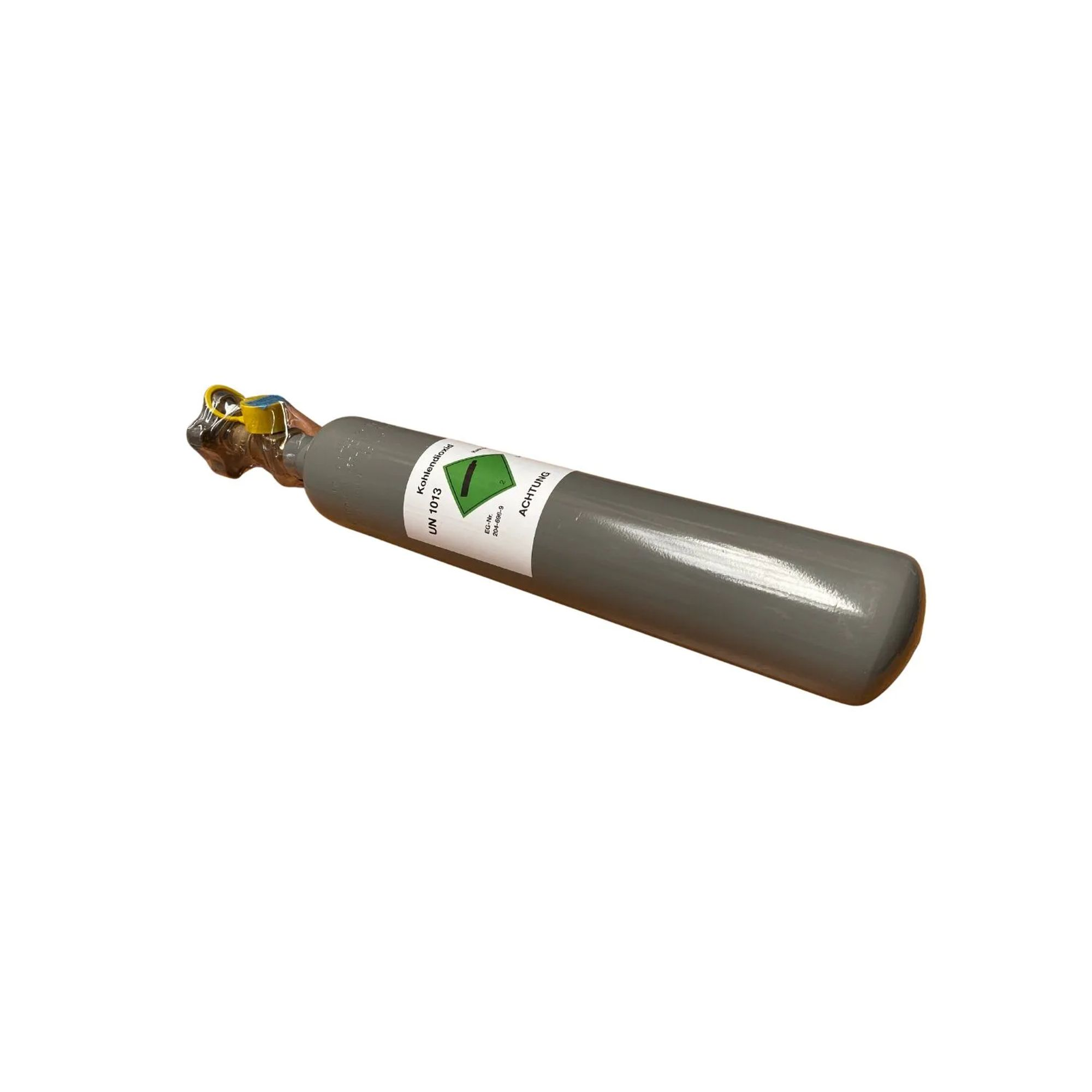 Gray gas cylinder with yellow valve and labels, UN 1013