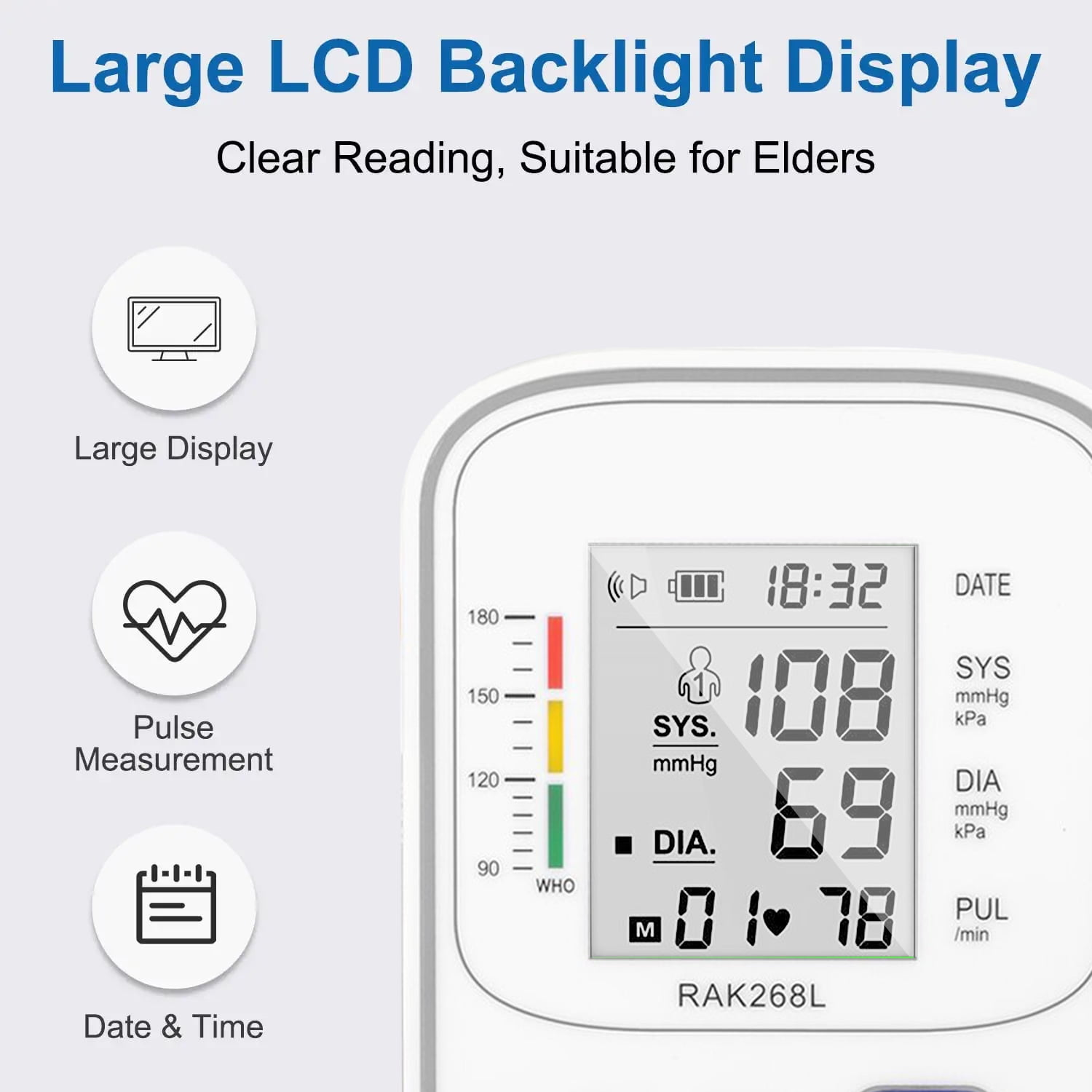 Digitales Blutdruckmessgerät mit großem LCD-Display, zeigt 108/69 mmHg und 78 Schläge/min.