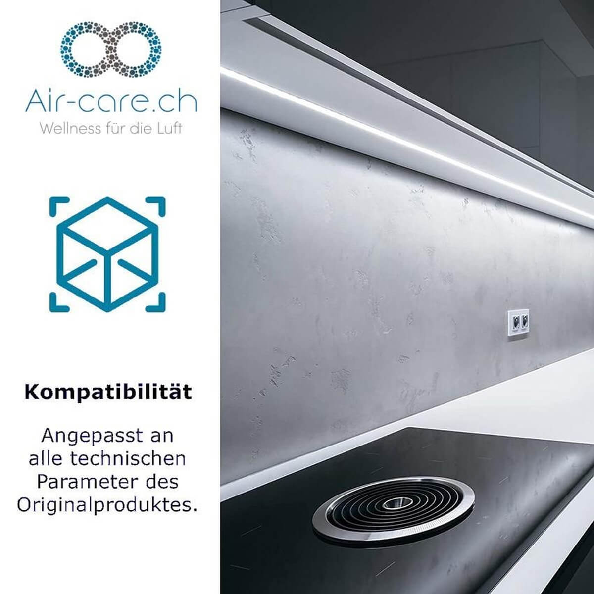 Luftreiniger-Logo, Induktionskochfeld und Wand mit Beleuchtung.