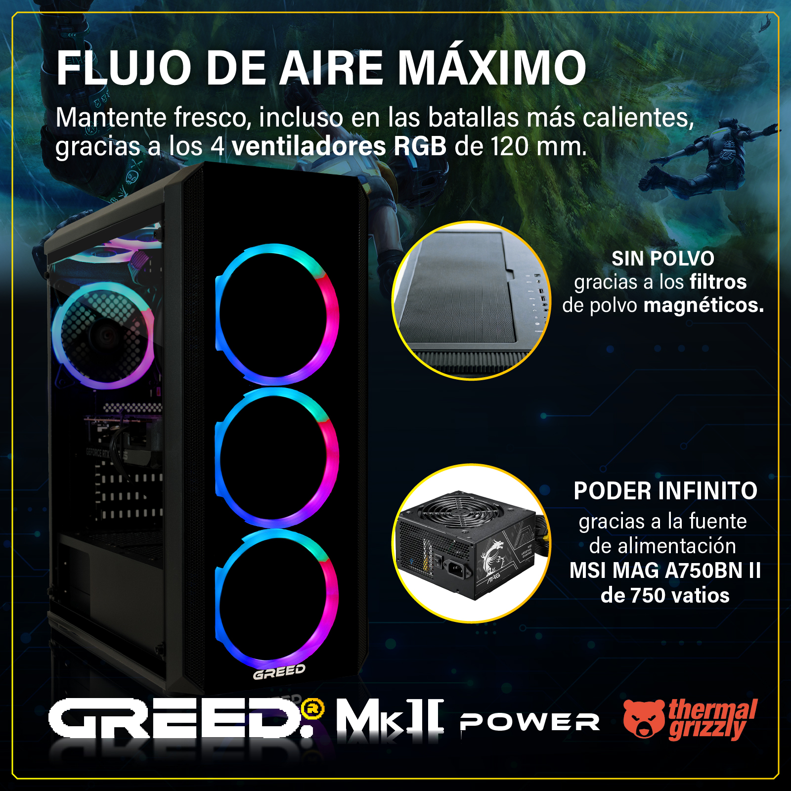 Una caja de PC con ventiladores RGB, fuente de alimentación y filtros de polvo.